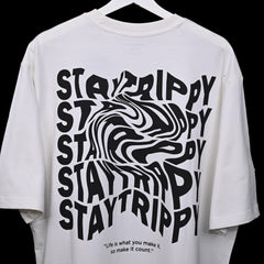 Star Trippy T-Shirt: White, Oversized, Close Back Side, Bio-Washed Cotton Printed by Techno Be With You