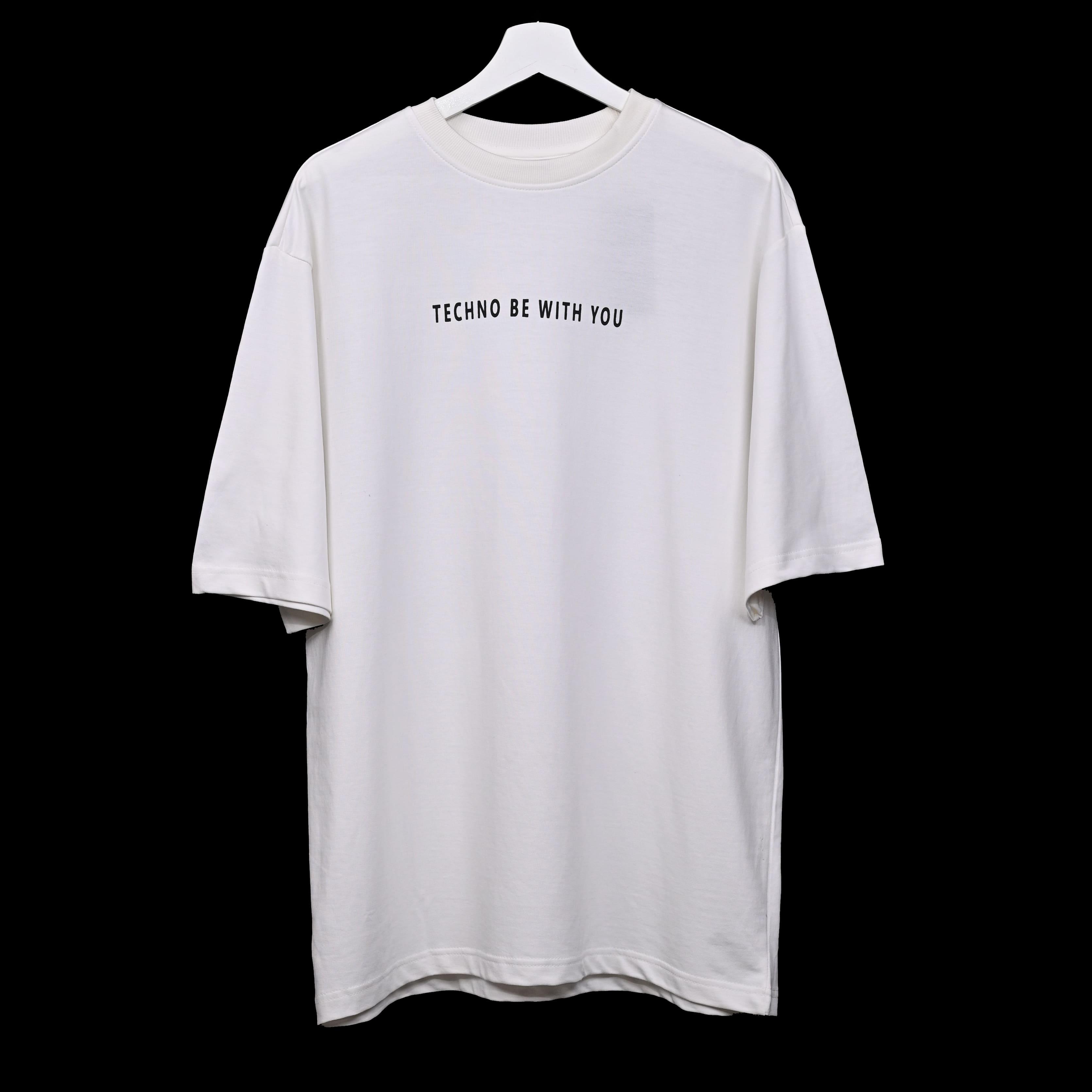 Star Trippy T-Shirt: White, Oversized, Front Pose, Bio-Washed Cotton Printed by Techno Be With You