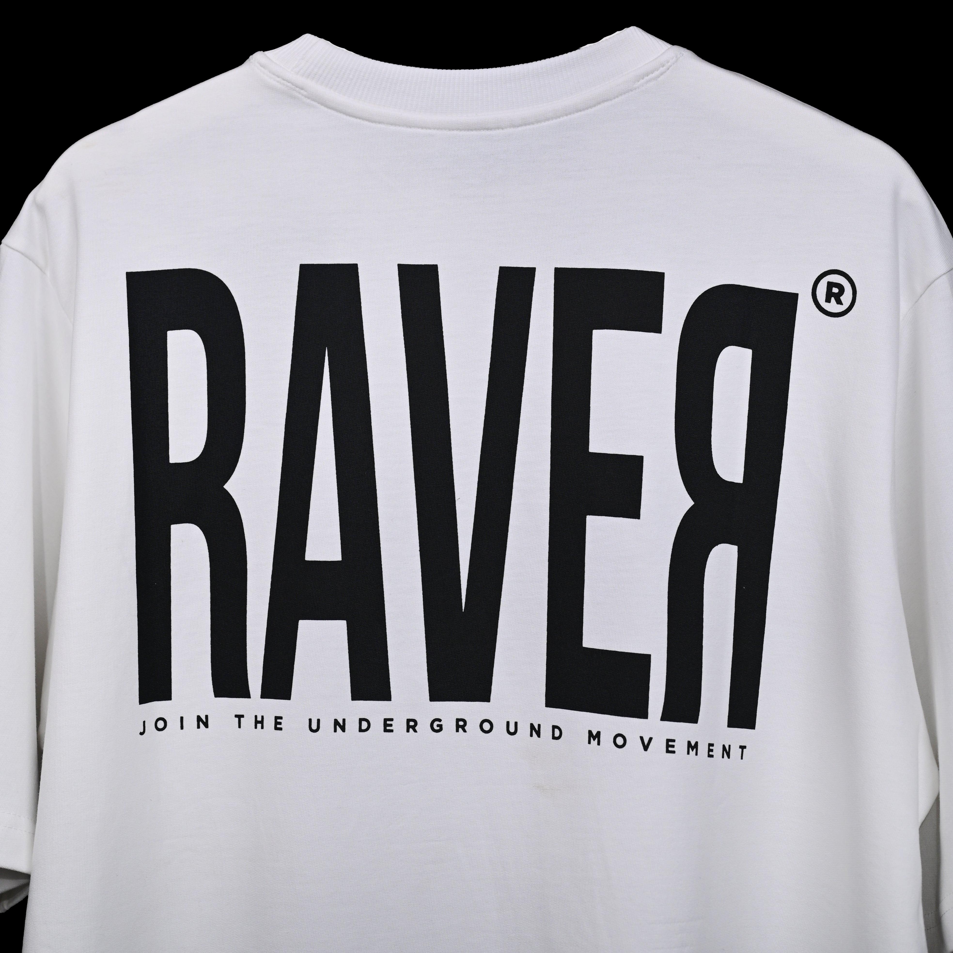 Raver T-Shirt: White, Oversized, Close Back Side, Bio-Washed Cotton Printed by Techno Be With You