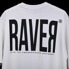 Raver T-Shirt: White, Oversized, Close Back Side, Bio-Washed Cotton Printed by Techno Be With You