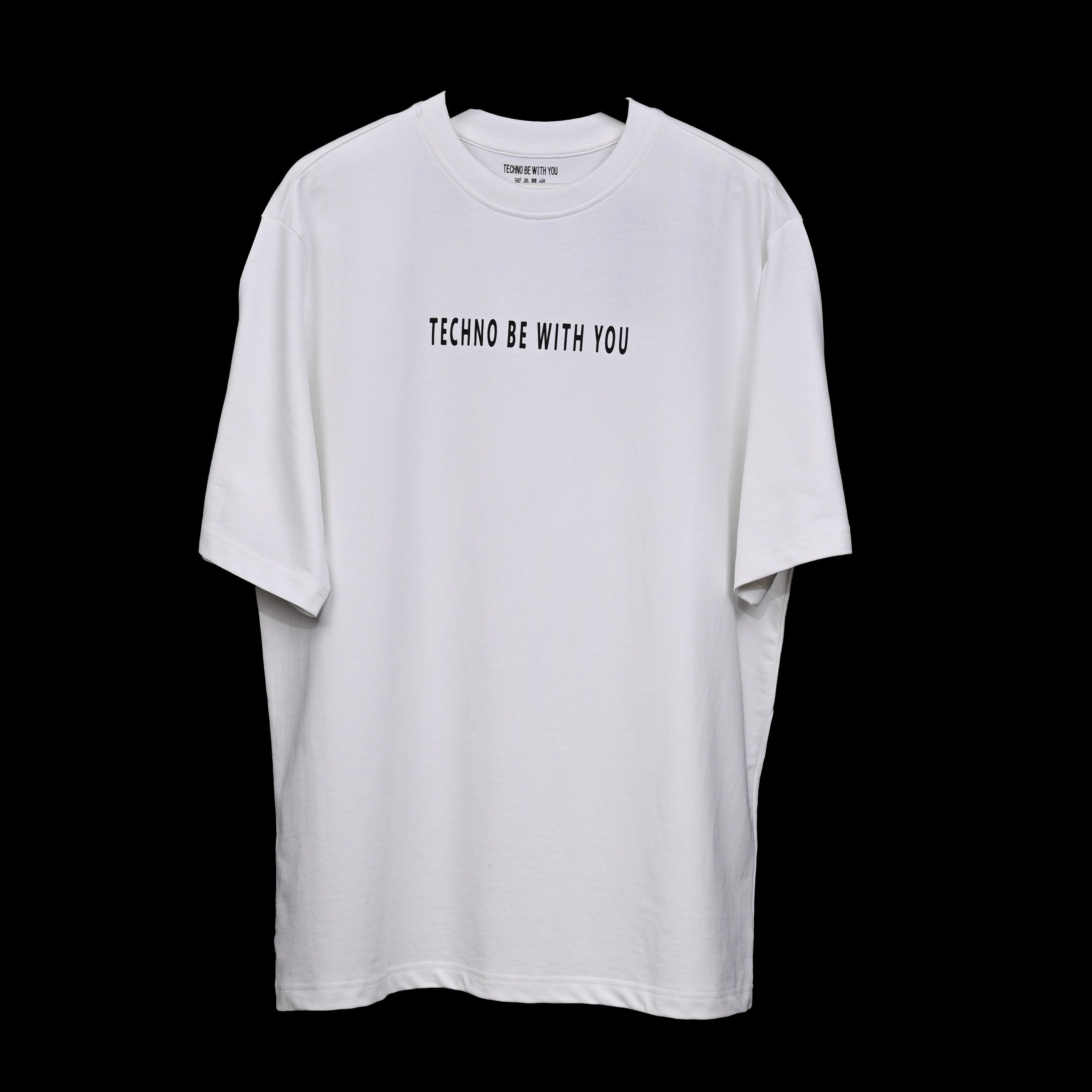 Raver T-Shirt: White, Oversized, Front side, Bio-Washed Cotton Printed by Techno Be With You