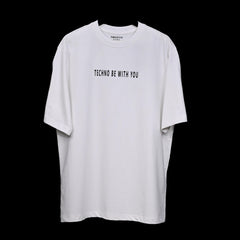 Raver T-Shirt: White, Oversized, Front side, Bio-Washed Cotton Printed by Techno Be With You
