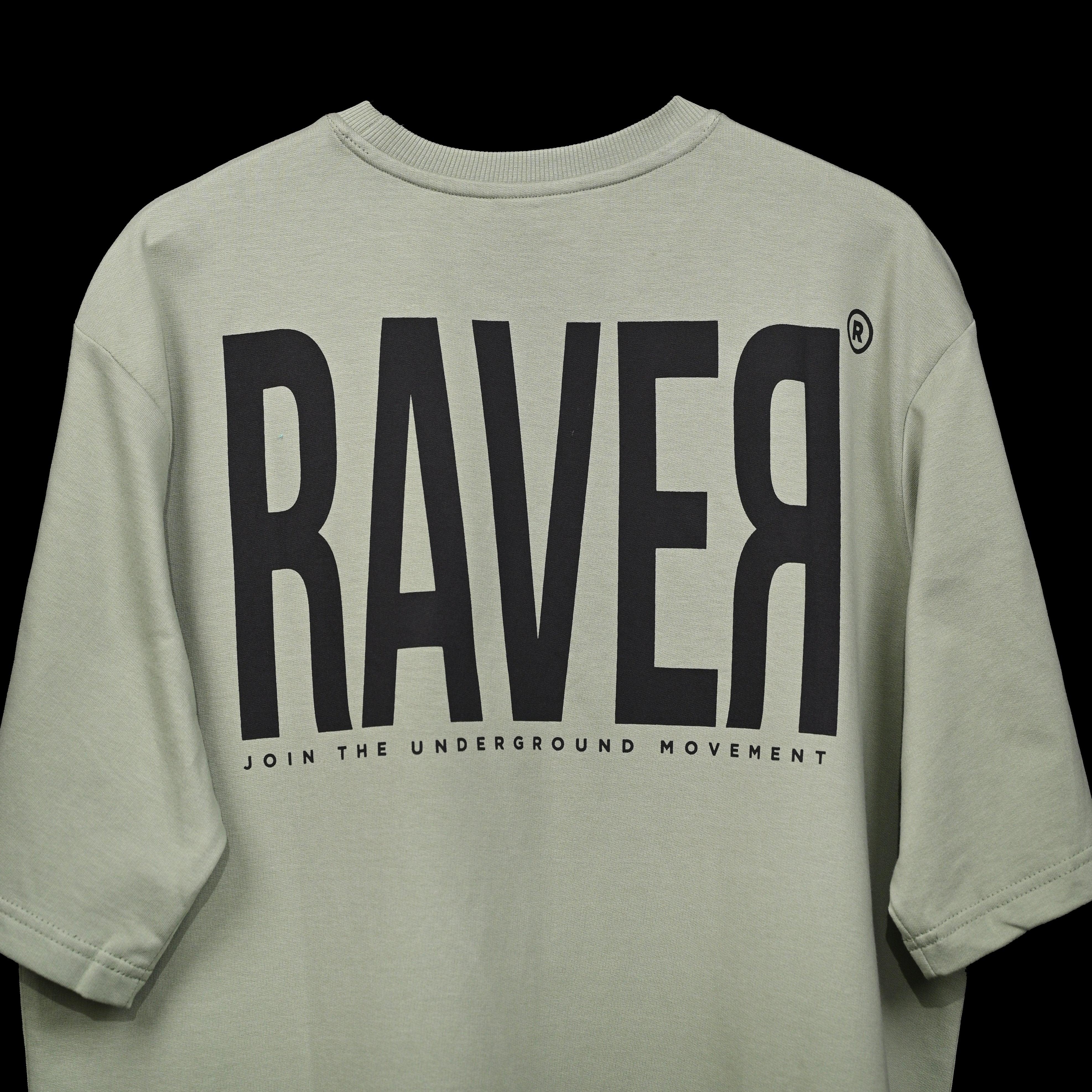 Raver T-Shirt: Light Green, Oversized, Close Back Side, Bio-Washed Cotton Printed by Techno Be With You