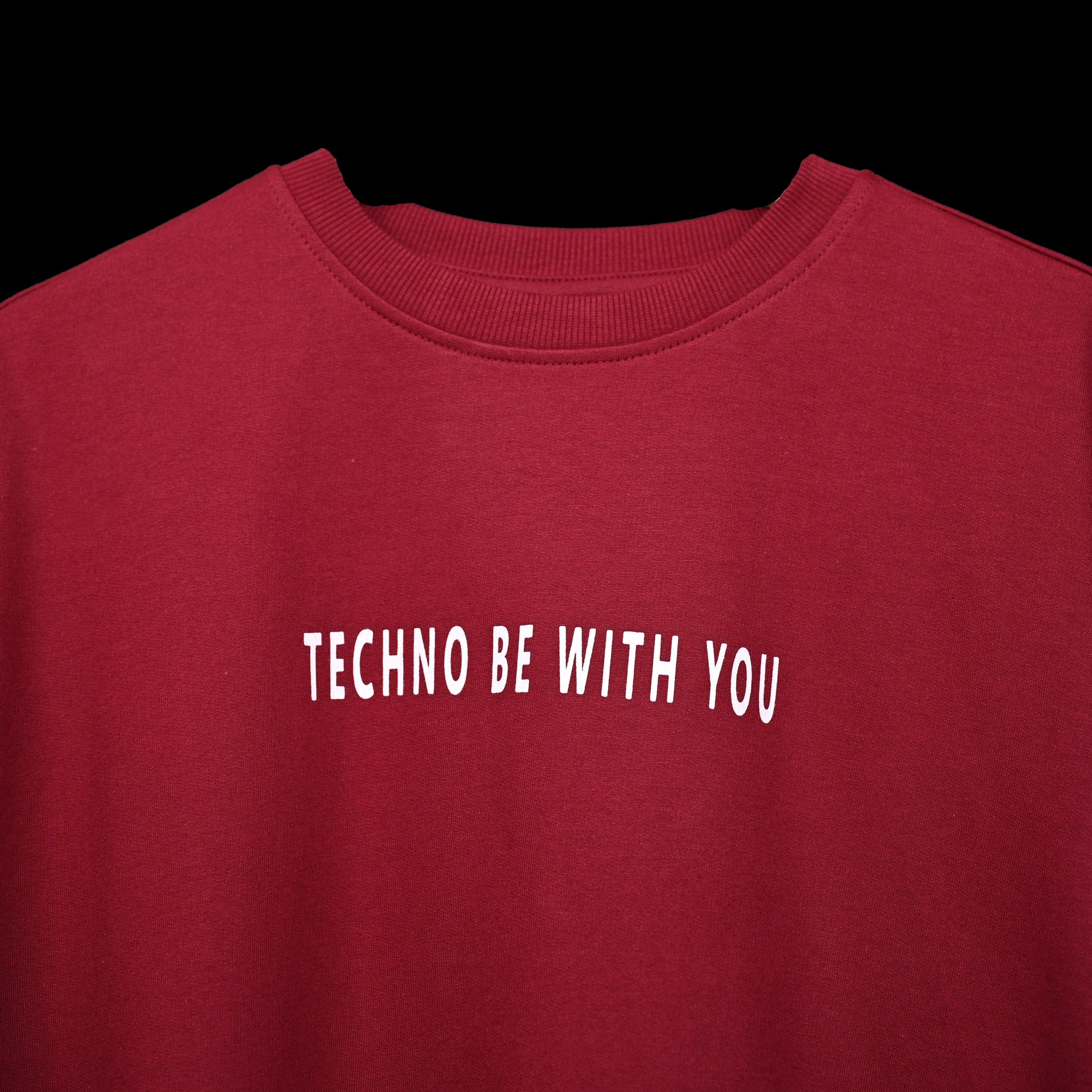 Raver T-Shirt: Dark Red, Oversized, Close Front, Bio-Washed Cotton Printed by Techno Be With You