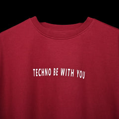 Raver T-Shirt: Dark Red, Oversized, Close Front, Bio-Washed Cotton Printed by Techno Be With You