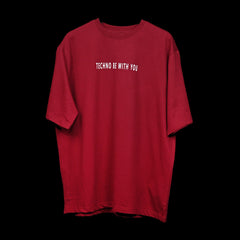 Raver T-Shirt: Dark Red, Oversized, Front side, Bio-Washed Cotton Printed by Techno Be With You