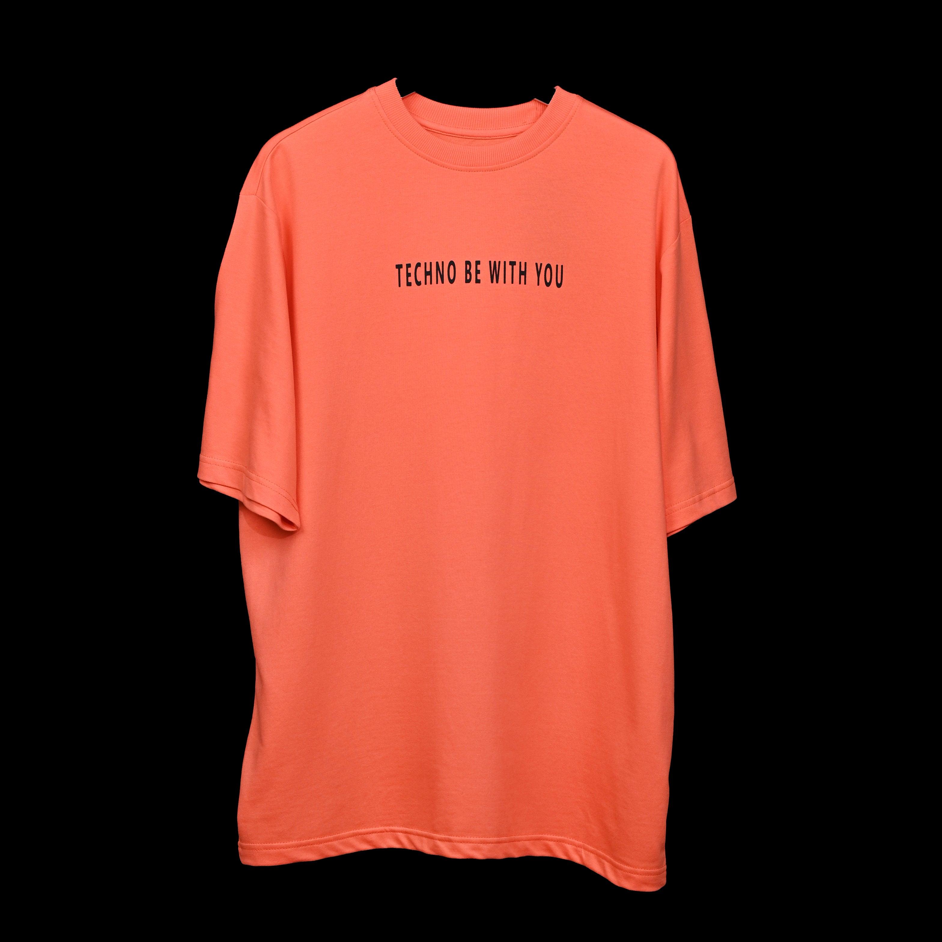 Raver T-Shirt: Orange, Oversized, Front side, Bio-Washed Cotton Printed by Techno Be With You