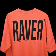 Raver T-Shirt: Orange, Oversized, Close Back Side, Bio-Washed Cotton Printed by Techno Be With You