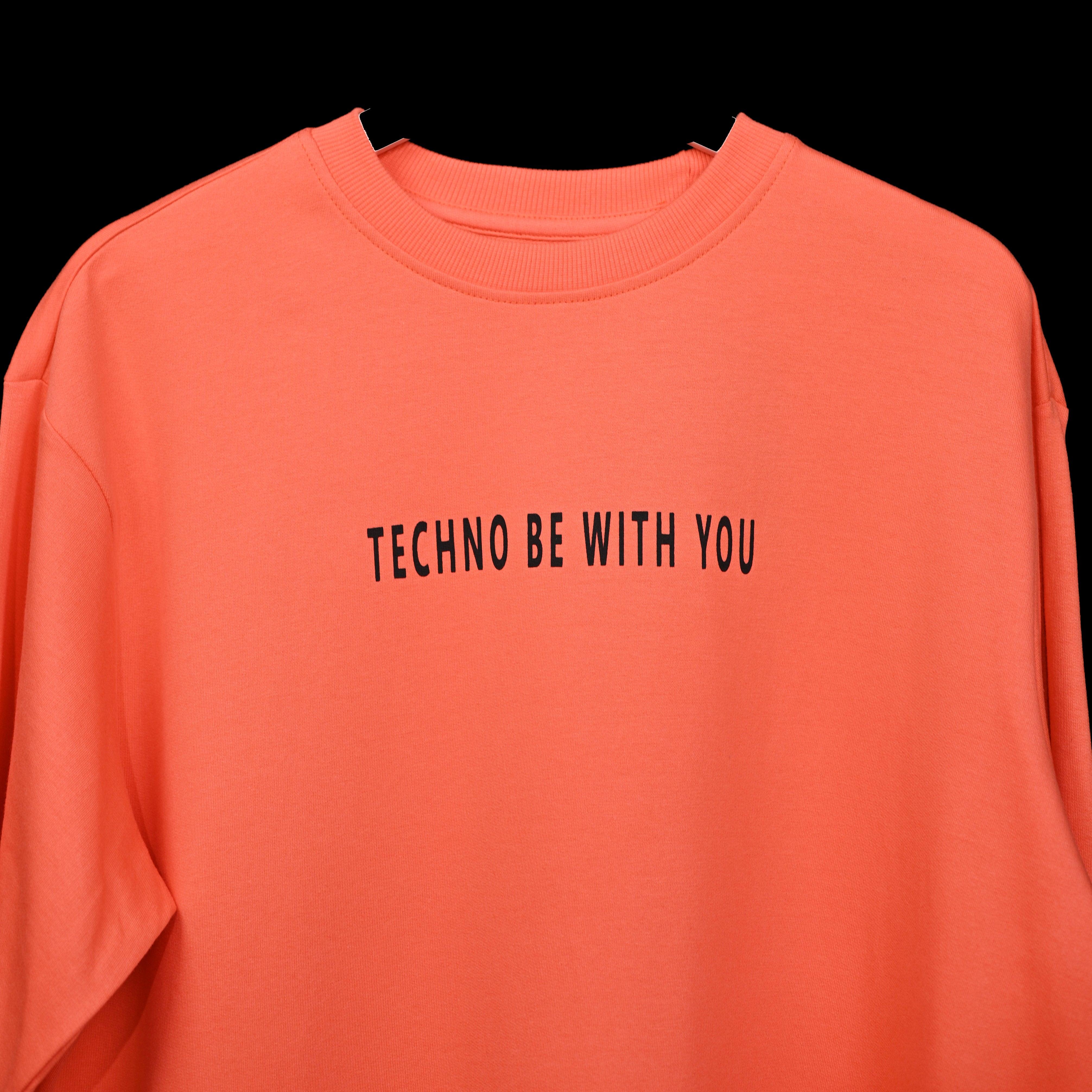 Raver T-Shirt: Orange, Oversized, Close Front, Bio-Washed Cotton Printed by Techno Be With You