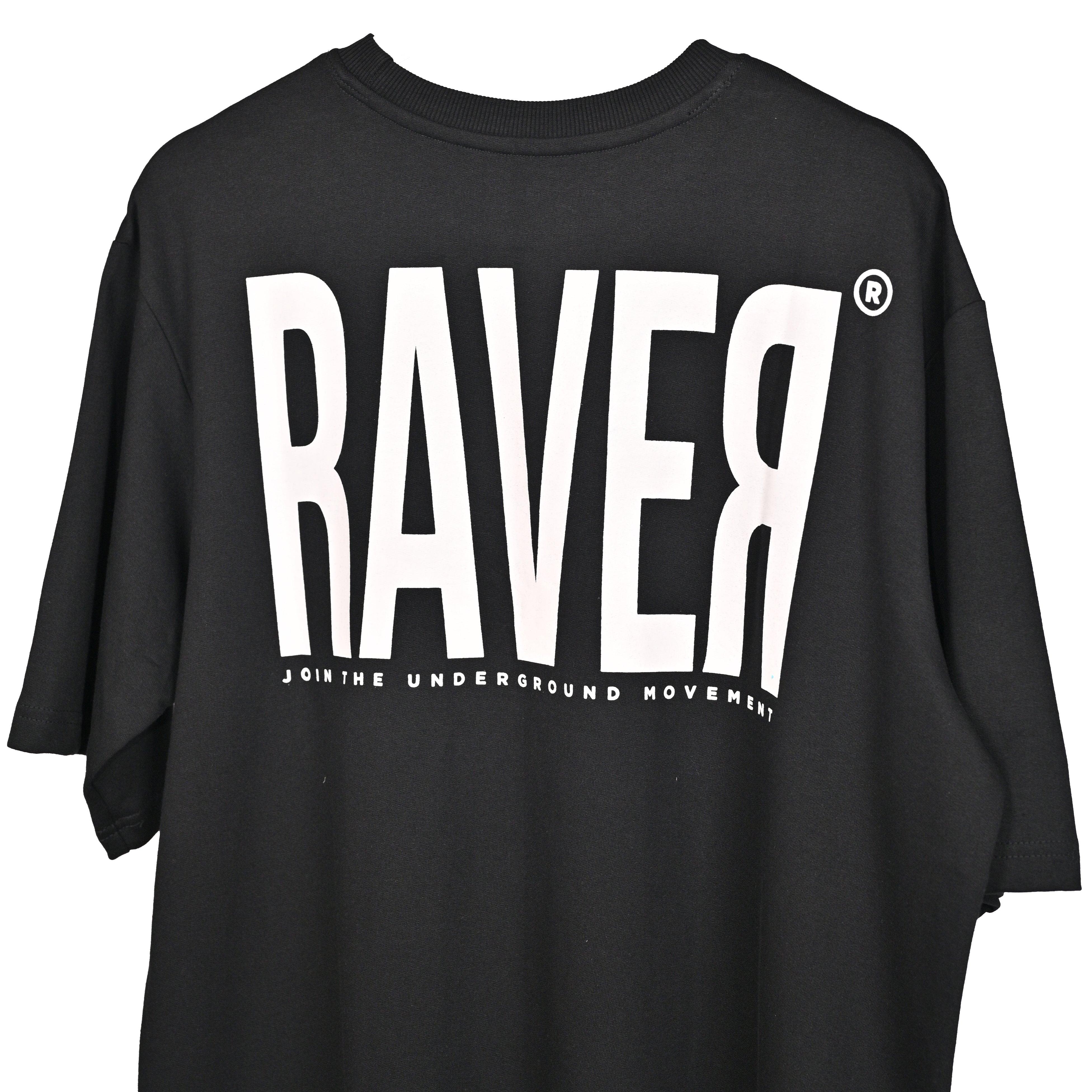 Raver T-Shirt: Black, Oversized, Close Back Side, Bio-Washed Cotton Printed by Techno Be With You