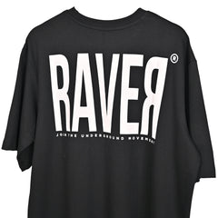 Raver T-Shirt: Black, Oversized, Close Back Side, Bio-Washed Cotton Printed by Techno Be With You