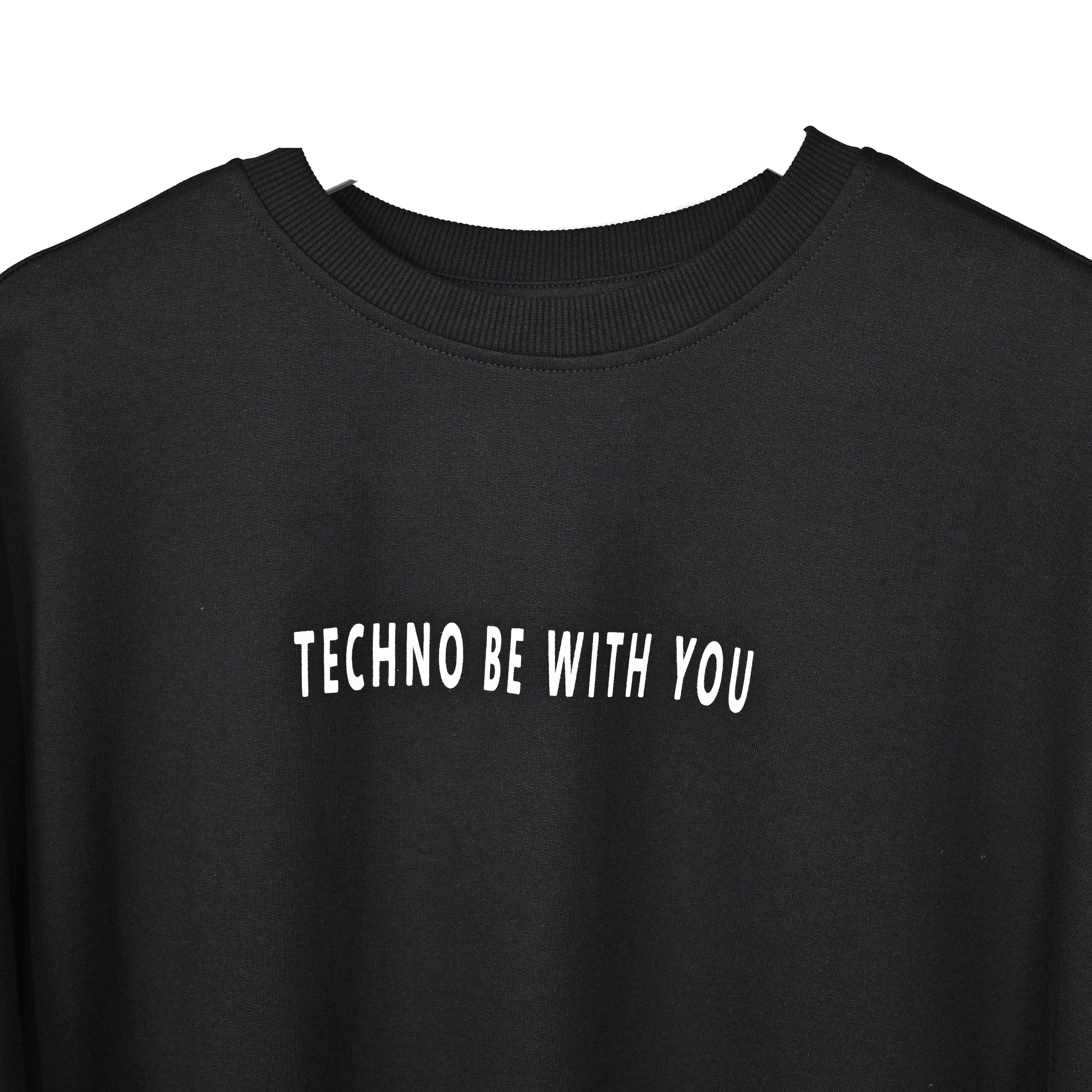 Raver T-Shirt: Black, Oversized, Close Front, Bio-Washed Cotton Printed by Techno Be With You
