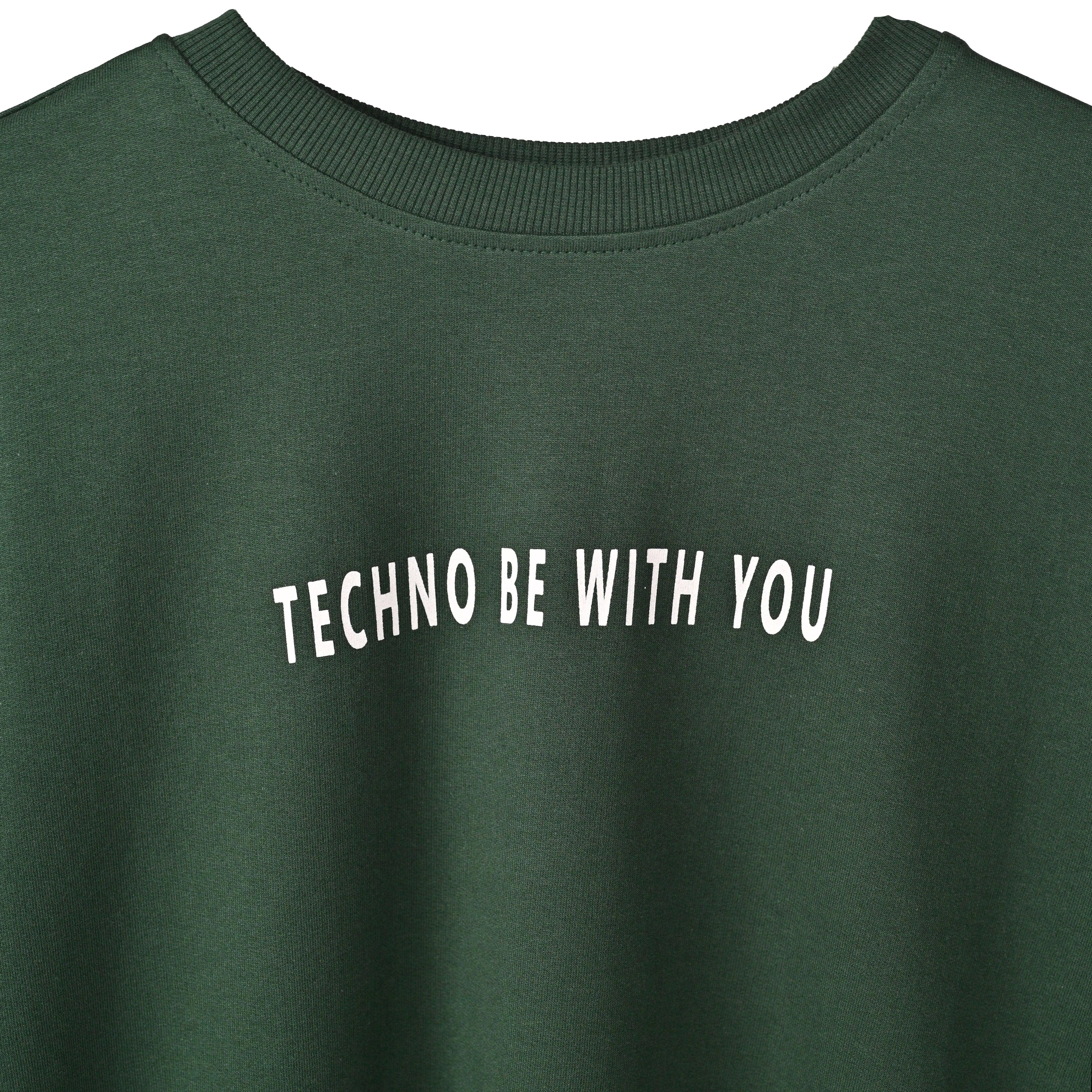 Raver T-Shirt: Dark Green, Oversized, Close Front, Bio-Washed Cotton Printed by Techno Be With You