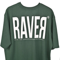 Raver T-Shirt: Dark Green, Oversized, Close Back Side, Bio-Washed Cotton Printed by Techno Be With You
