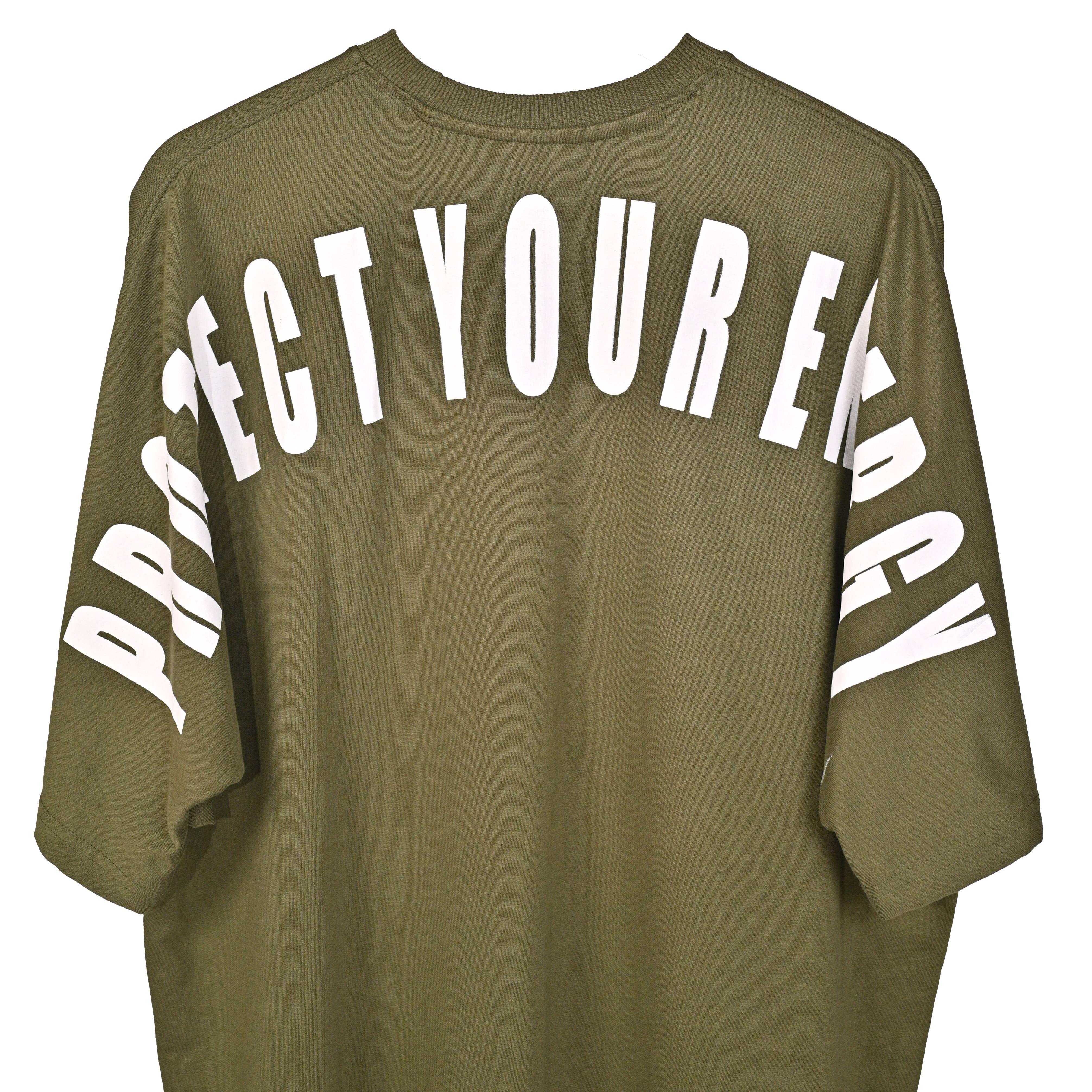 Protect Your Energy T-Shirt: Green, Oversized, Close Back Side, Bio-Washed Cotton Printed by Techno Be With You