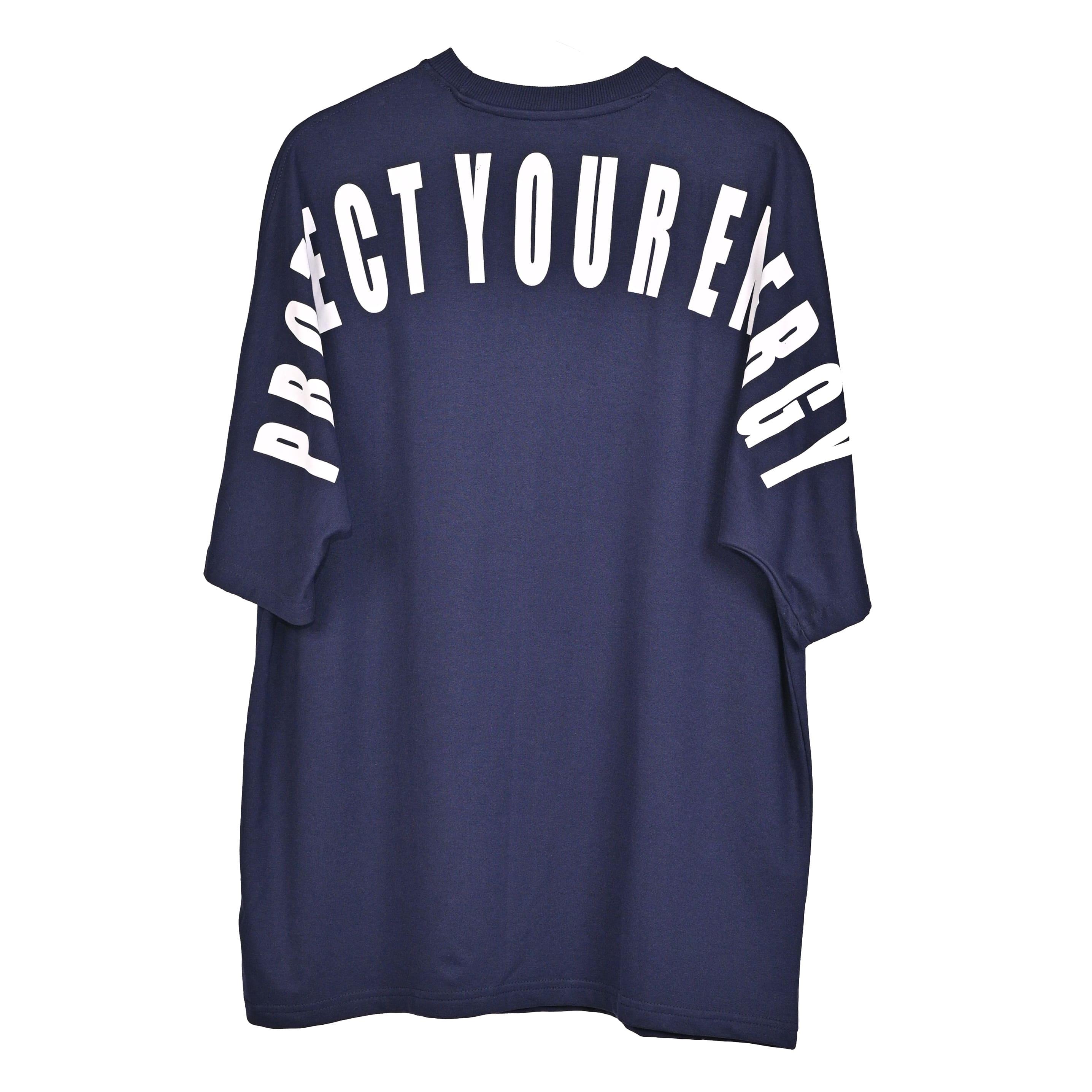 Protect Your Energy T-Shirt: Blue, Oversized, Back Side, Bio-Washed Cotton Printed by Techno Be With You