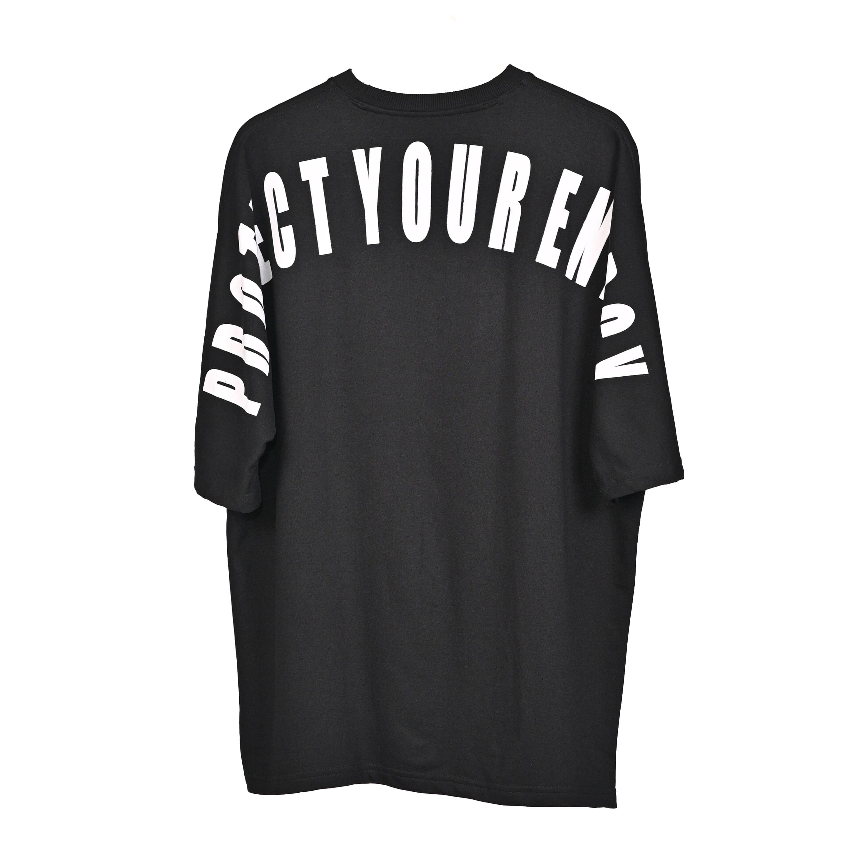 Protect Your Energy T-Shirt: Black, Oversized, Back Side, Bio-Washed Cotton Printed by Techno Be With You