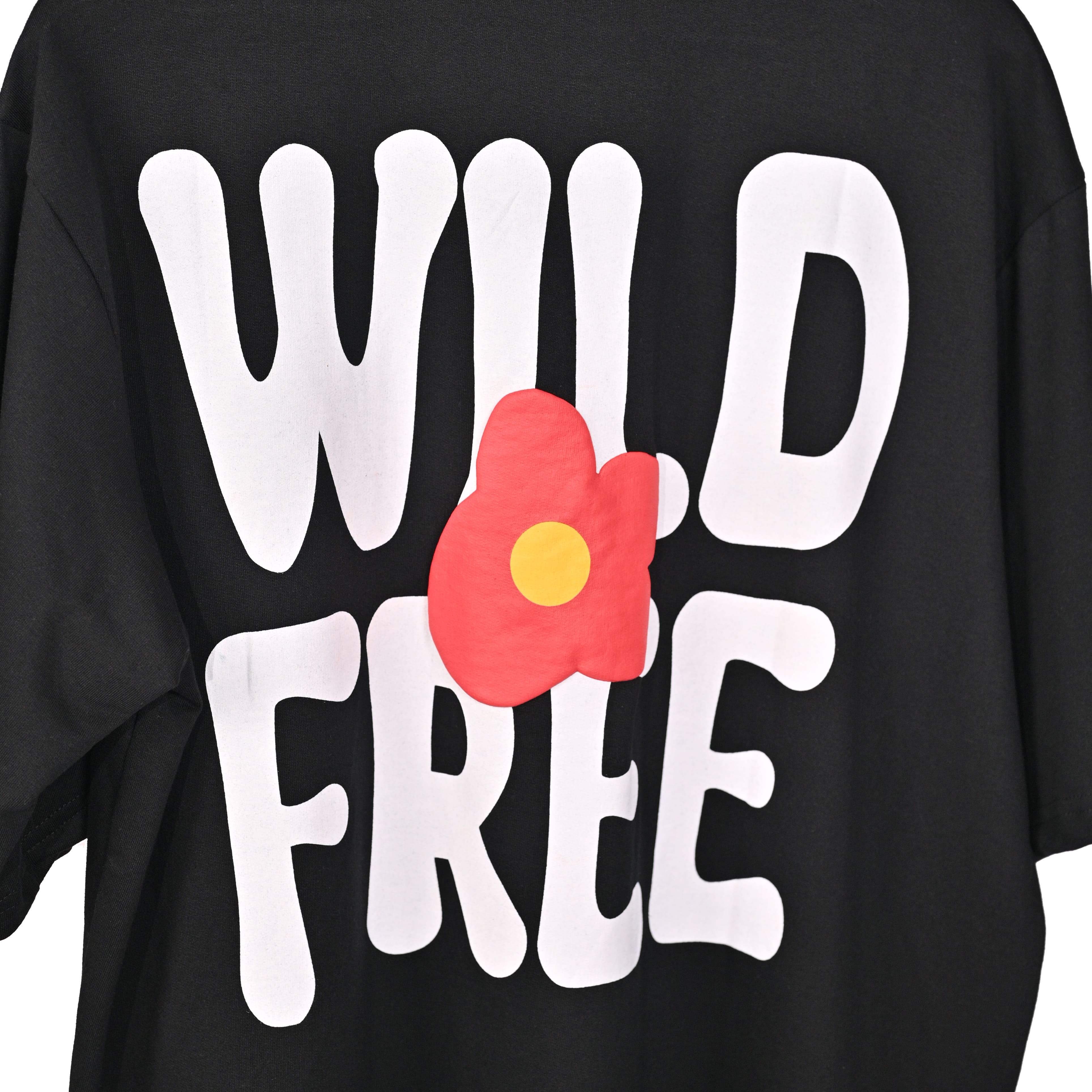 Wild Free T-Shirt: Black, Oversized, Close Back Side, Bio-Washed Cotton Printed by Techno Be With You