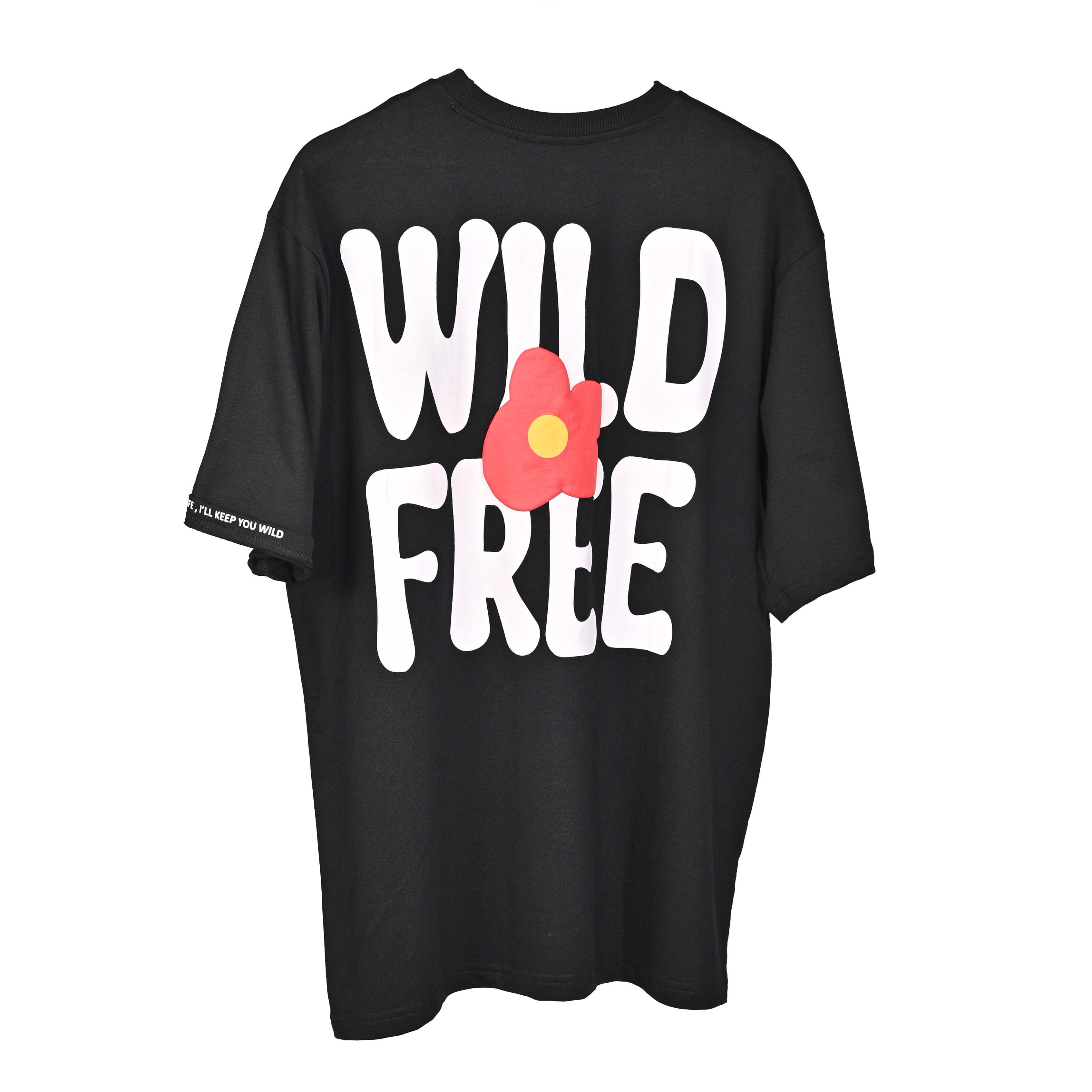Wild Free T-Shirt: Black, Oversized, Back Side, Bio-Washed Cotton Printed by Techno Be With You