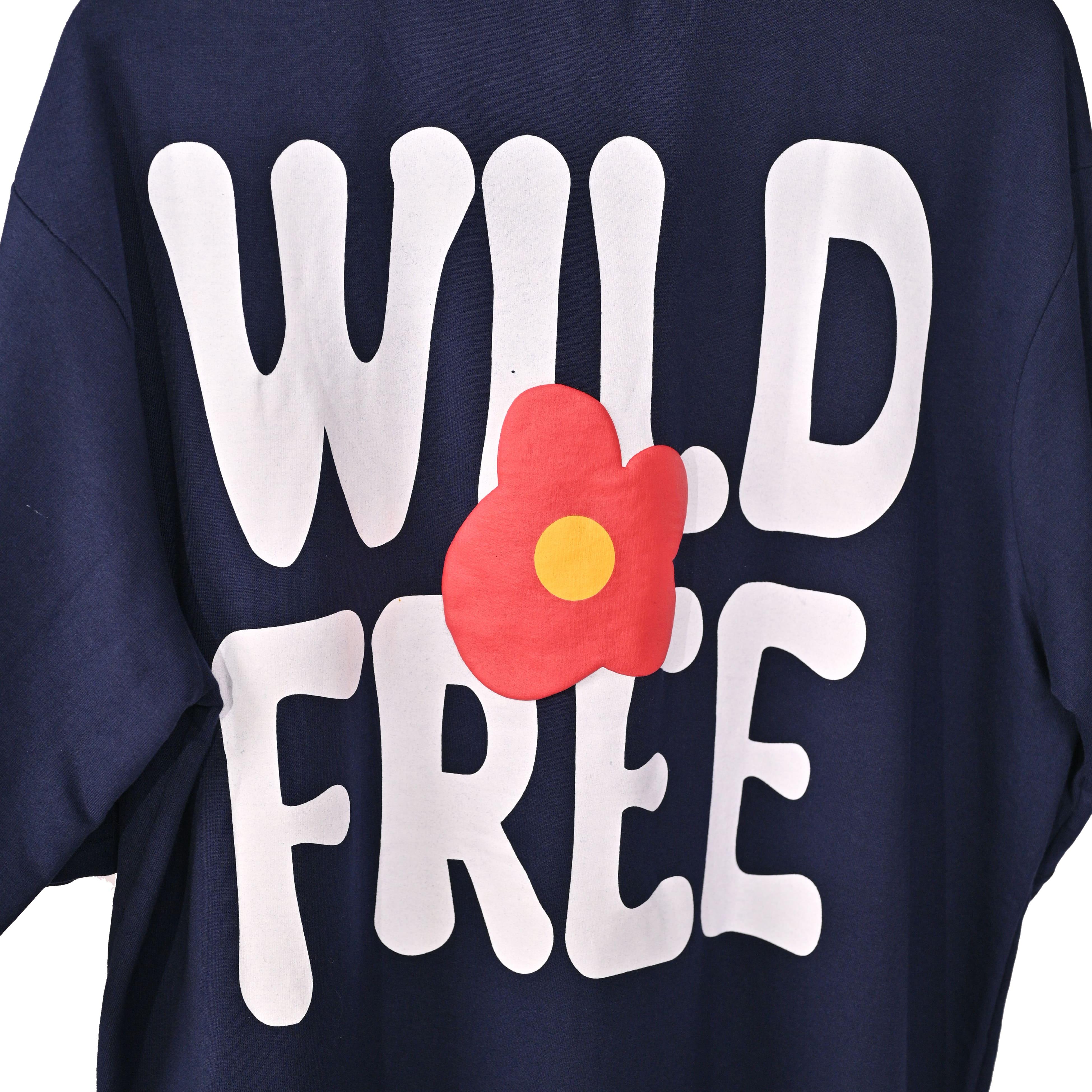 Wild Free T-Shirt: Black, Oversized, Close Back Side, Bio-Washed Cotton Printed by Techno Be With You