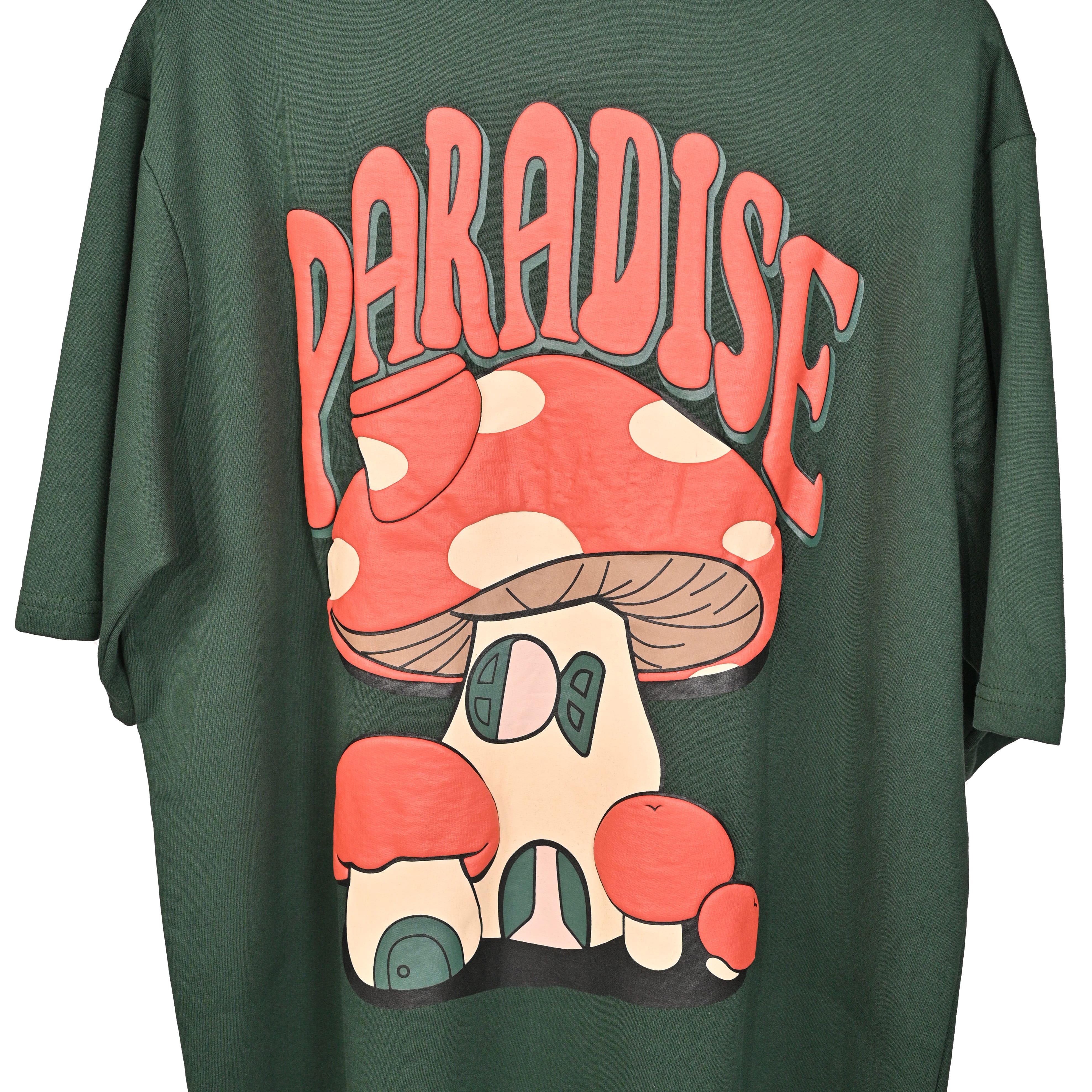 Magic Mushroom T-Shirt: Olive, Oversized, Close Back Side, Bio-Washed Cotton Printed by Techno Be With You