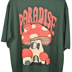 Magic Mushroom T-Shirt: Olive, Oversized, Close Back Side, Bio-Washed Cotton Printed by Techno Be With You