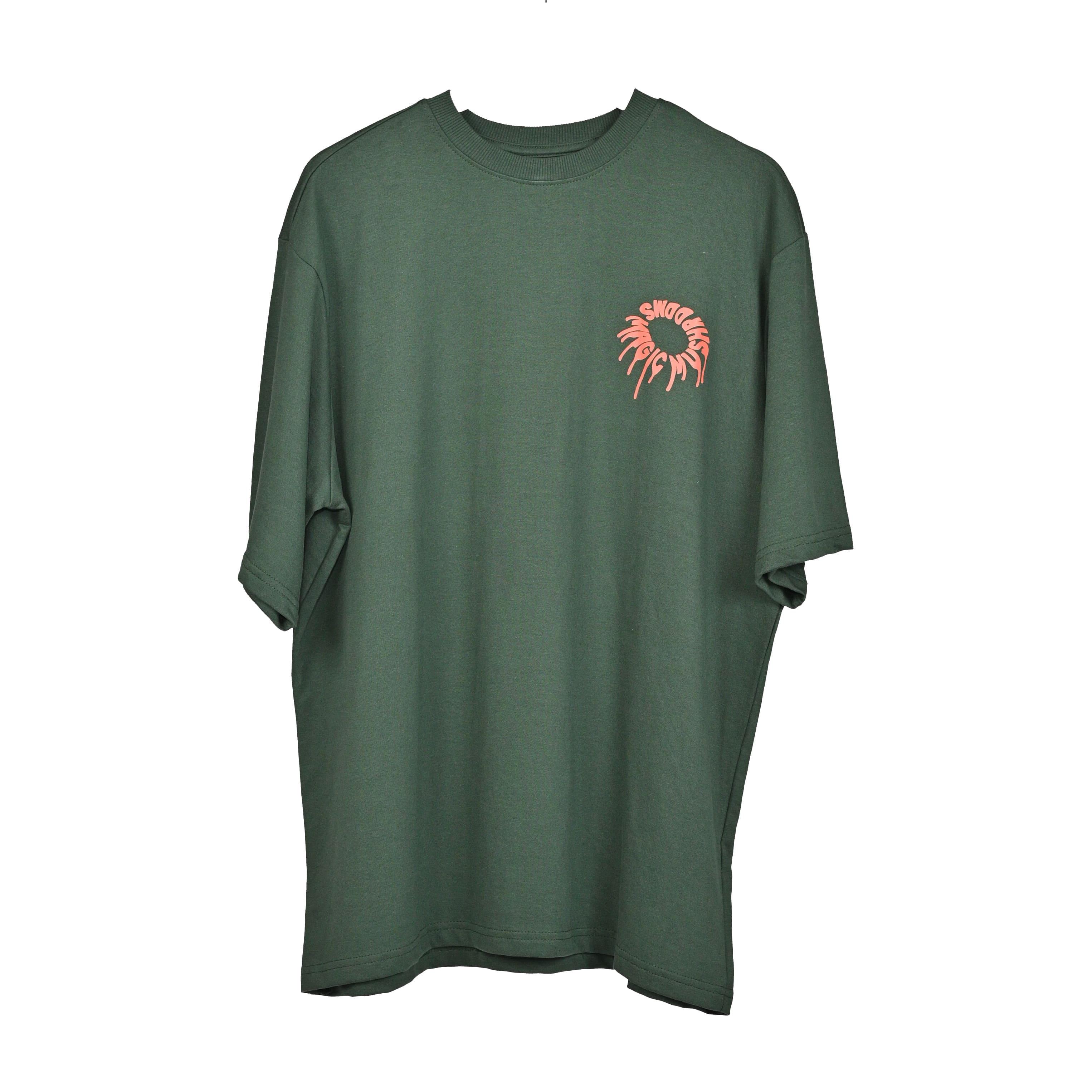 Magic Mushroom T-Shirt: Olive, Oversized, Front Side, Bio-Washed Cotton Printed by Techno Be With You