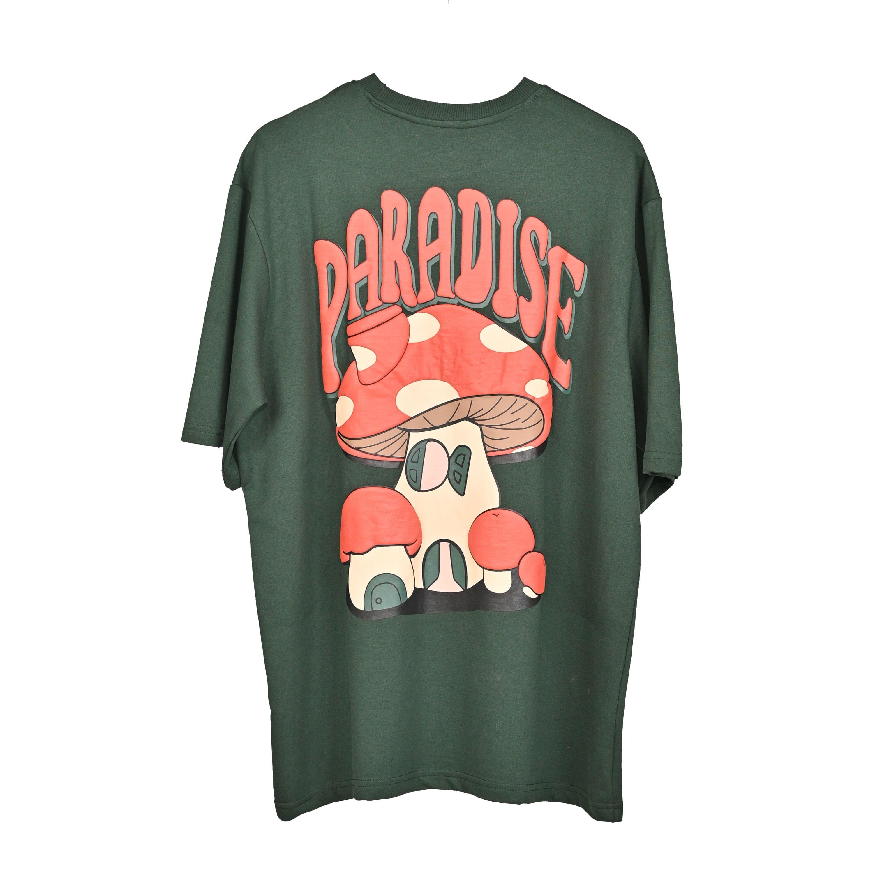 Magic Mushroom T-Shirt: Olive, Oversized, Back Side, Bio-Washed Cotton Printed by Techno Be With You