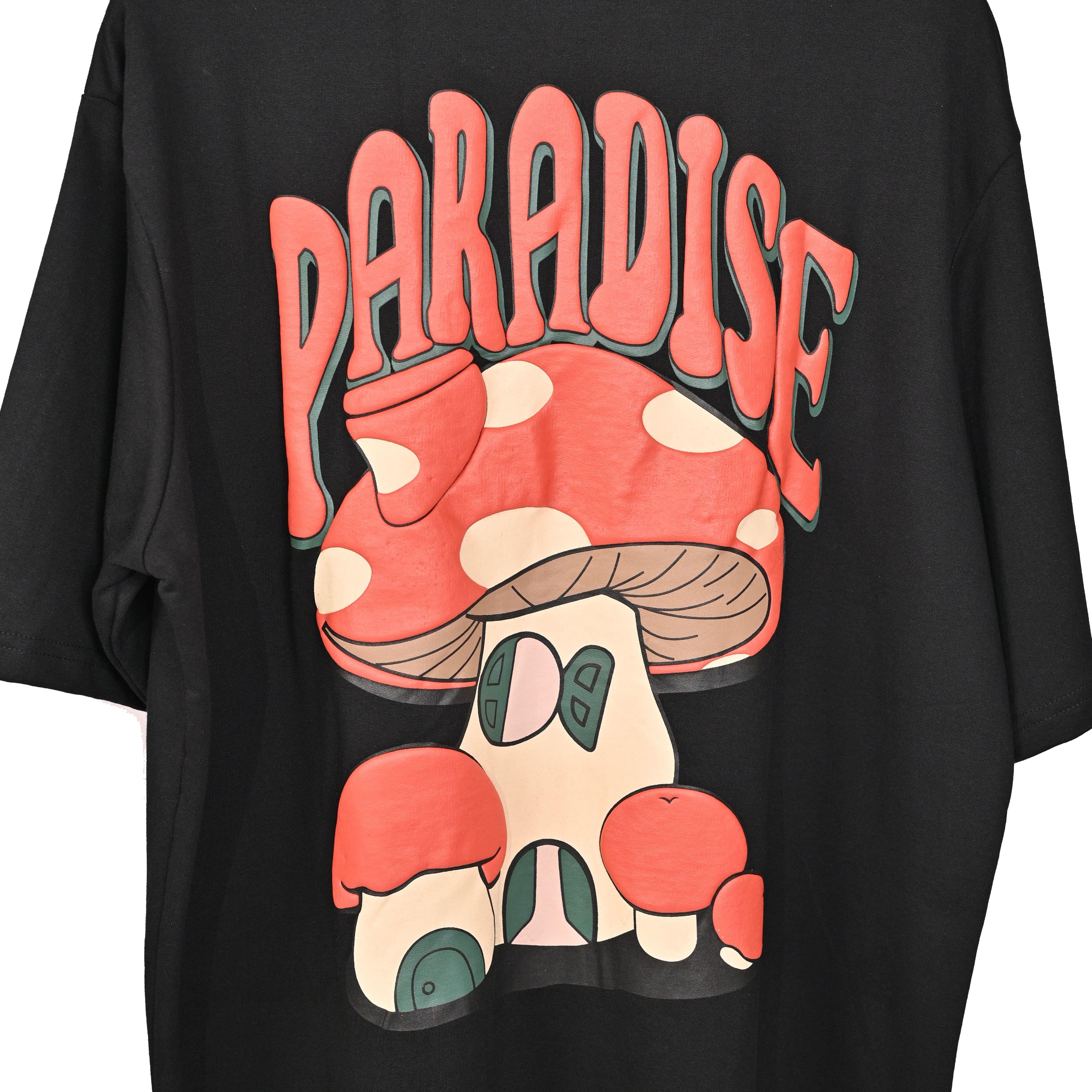 Magic Mushroom T-Shirt: Black, Oversized, Close Back Side, Bio-Washed Cotton Printed by Techno Be With You