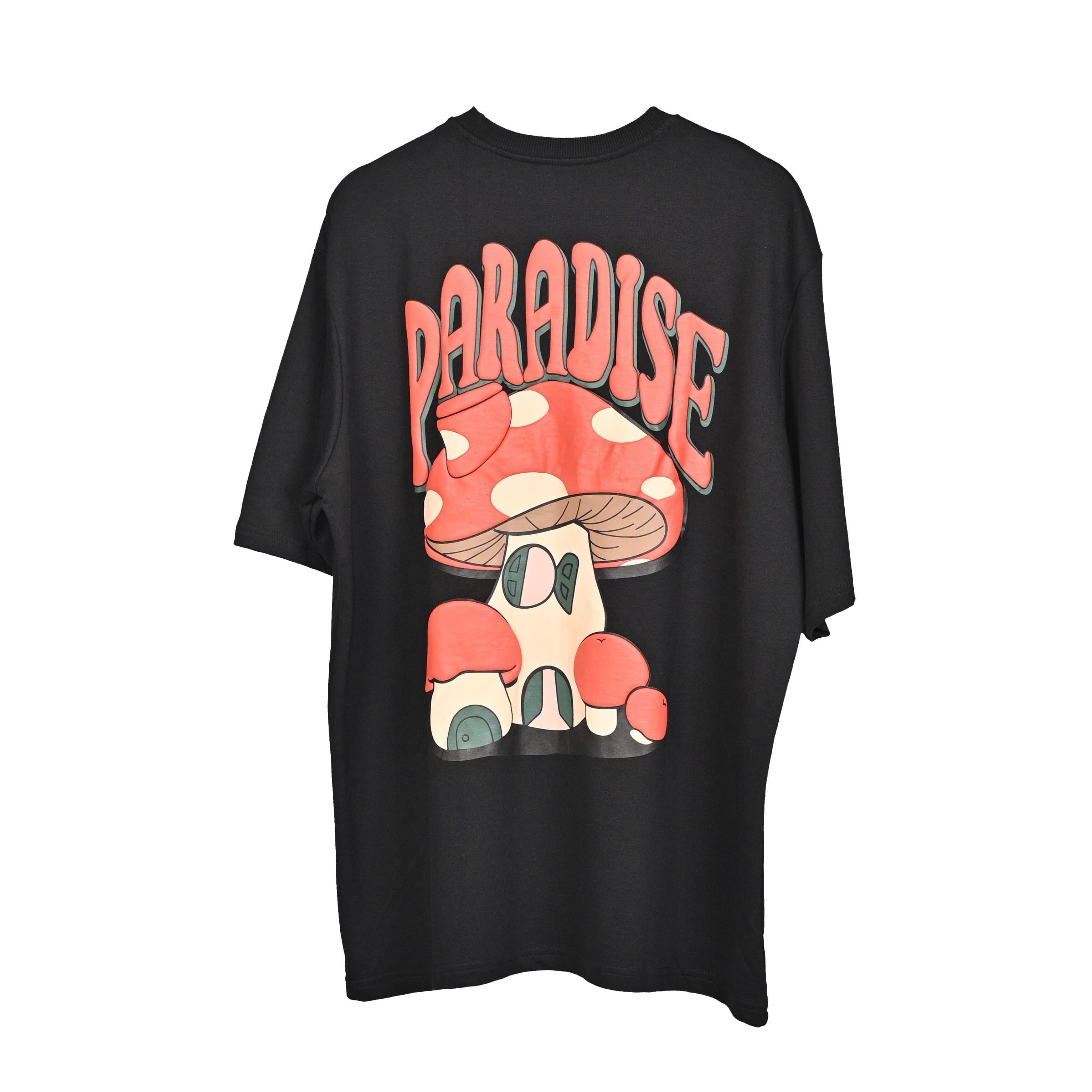 Magic Mushroom T-Shirt: Black, Oversized, Back Side, Bio-Washed Cotton Printed by Techno Be With You