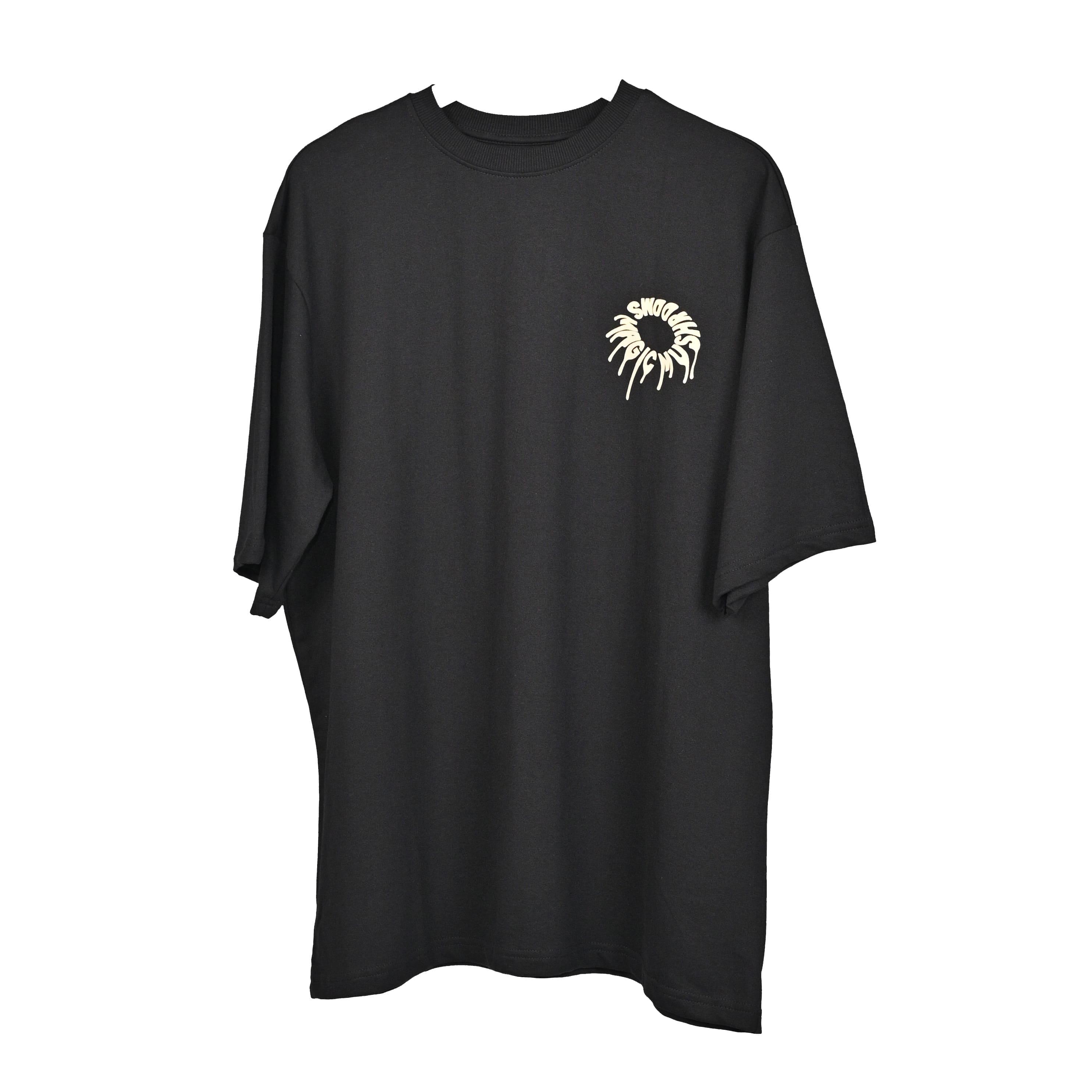 Magic Mushroom T-Shirt: Black, Oversized, Front Pose, Bio-Washed Cotton Printed by Techno Be With You