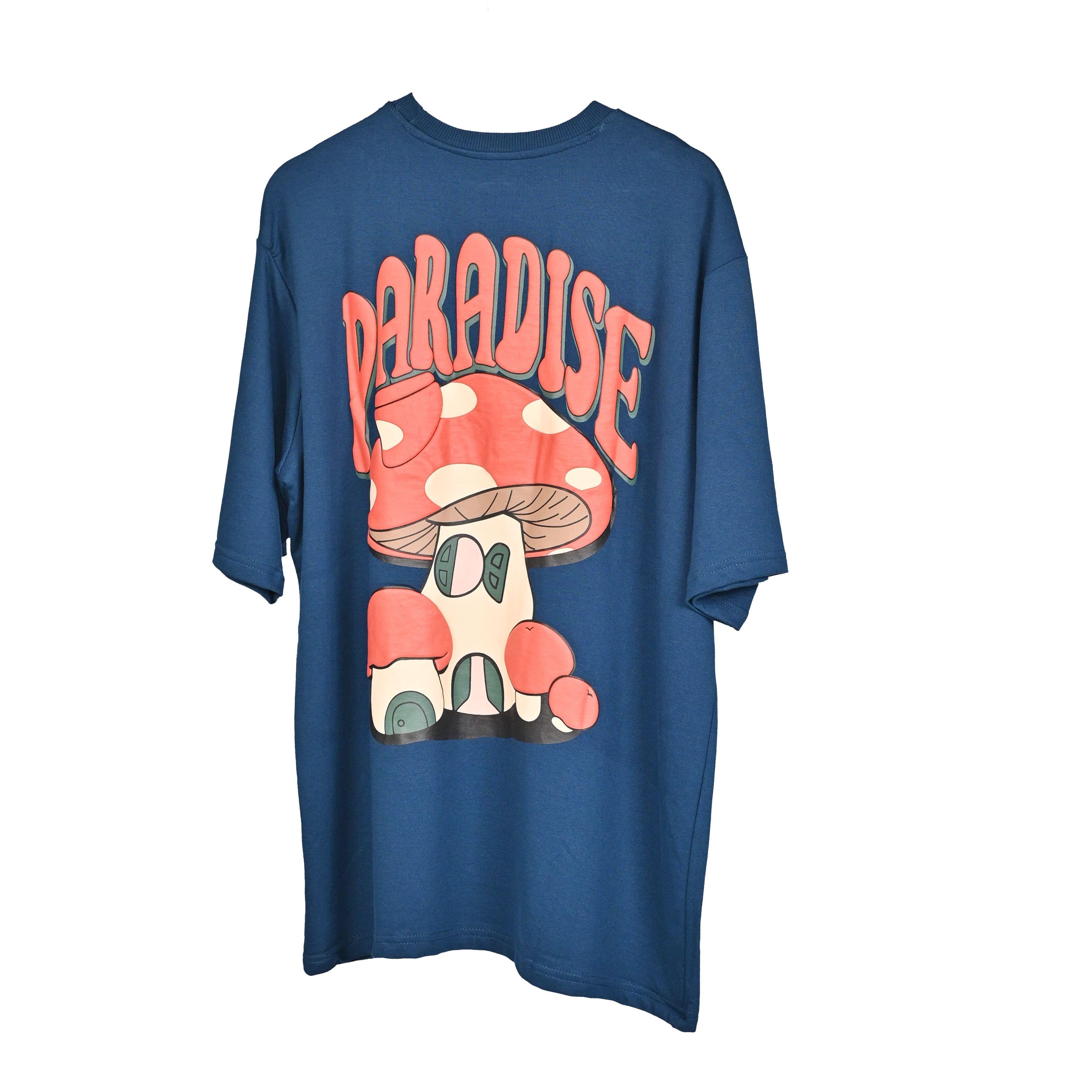 Magic Mushroom T-Shirt: Blue, Oversized, Back Side, Bio-Washed Cotton Printed by Techno Be With You