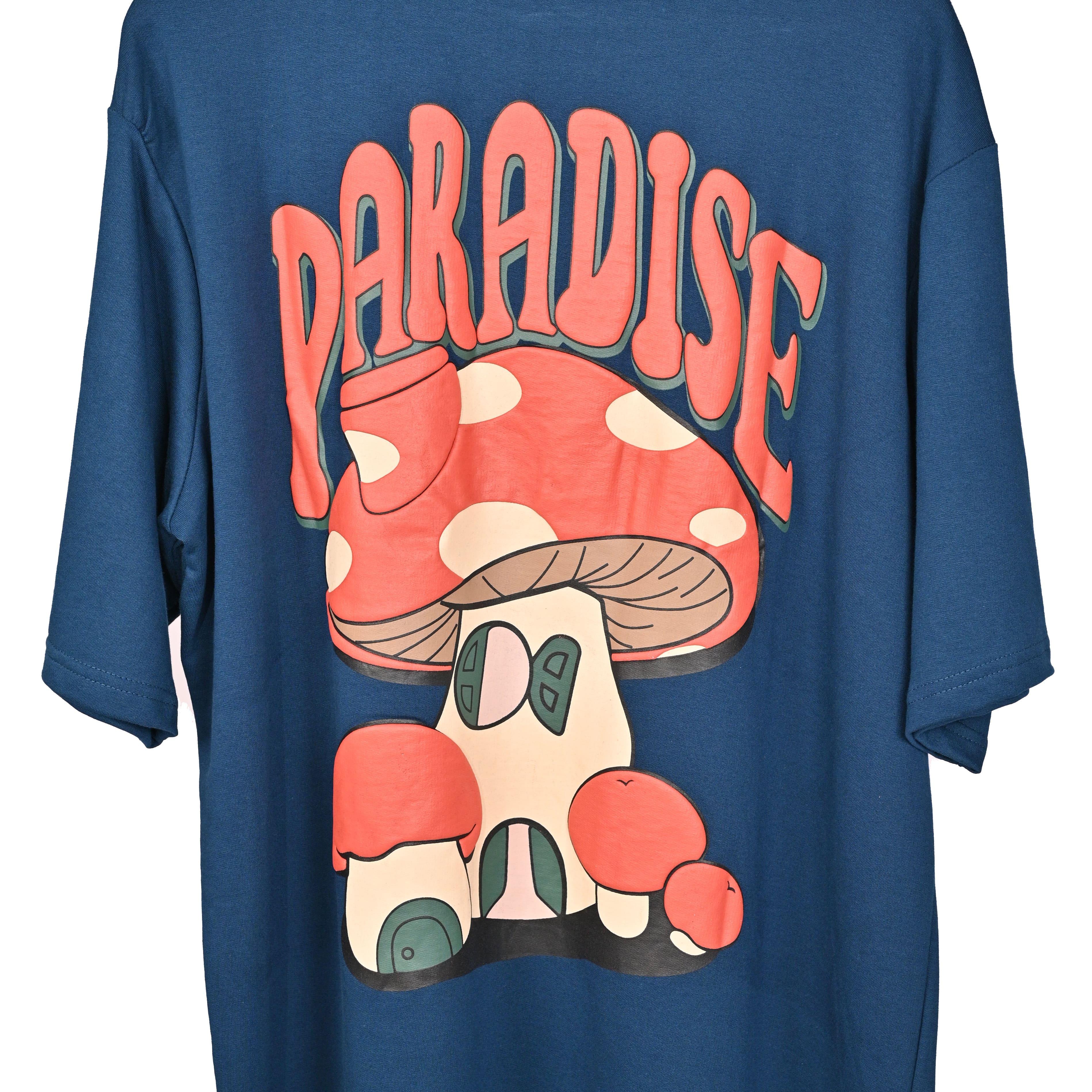 Magic Mushroom T-Shirt: Blue, Oversized, Close Back Side, Bio-Washed Cotton Printed by Techno Be With You