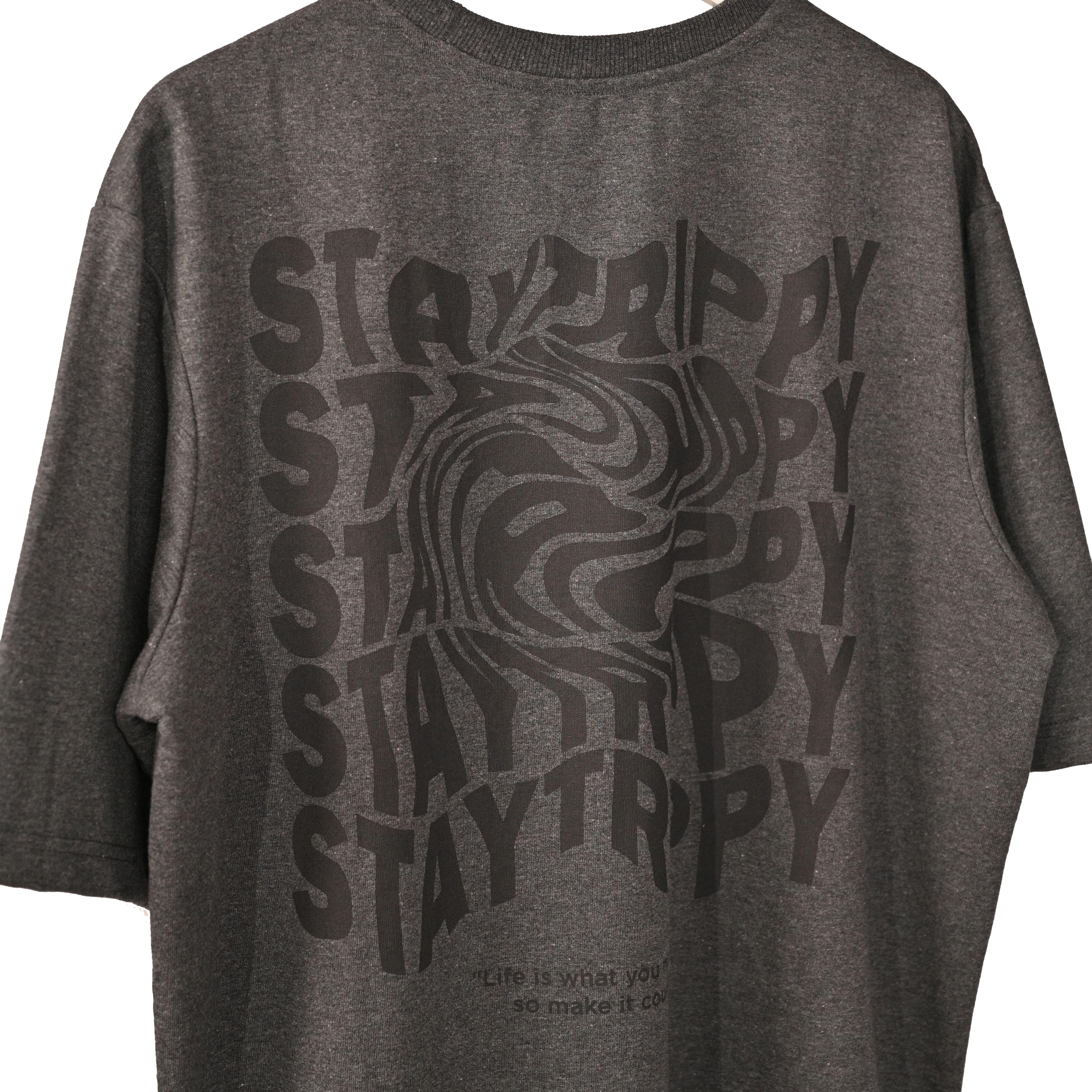 Star Trippy T-Shirt: Grey, Oversized, Close Back Side, Bio-Washed Cotton Printed by Techno Be With You