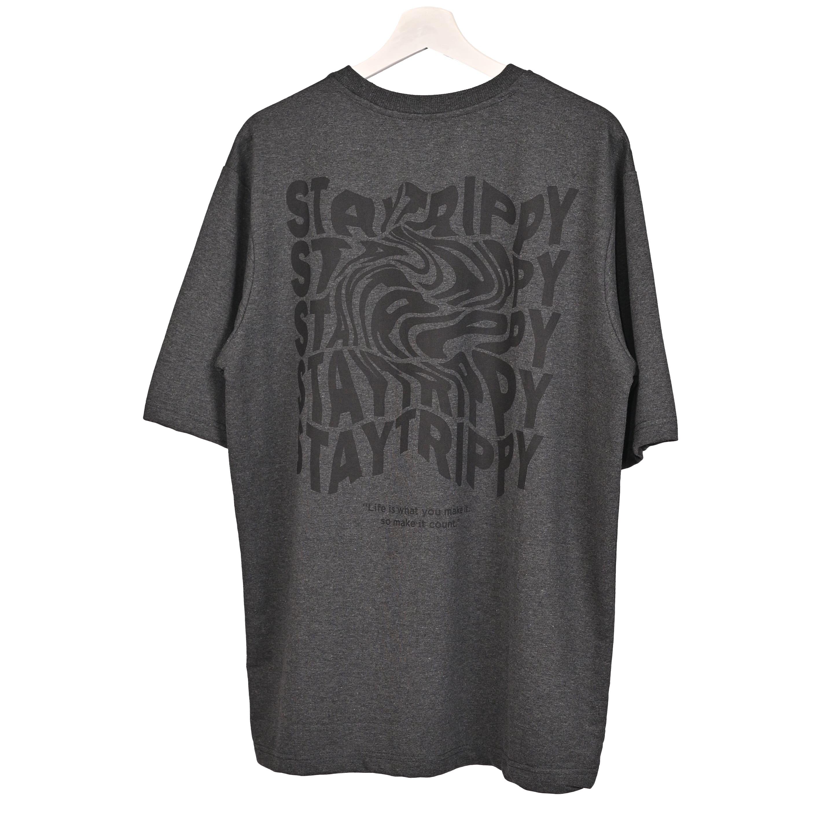 Star Trippy T-Shirt: Grey, Oversized, Back Side, Bio-Washed Cotton Printed by Techno Be With You