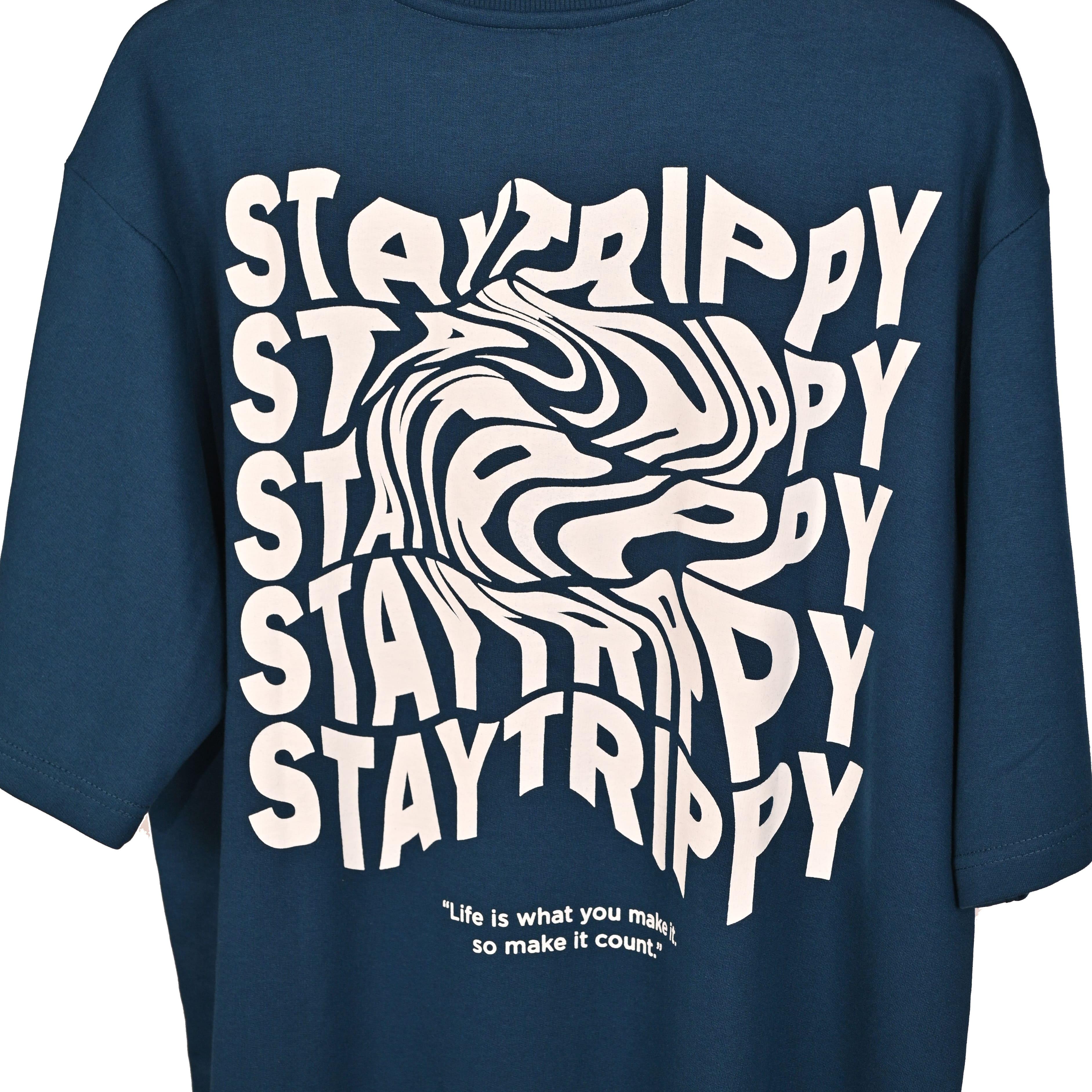 Star Trippy T-Shirt: Blue, Oversized, Close Back Side, Bio-Washed Cotton Printed by Techno Be With You