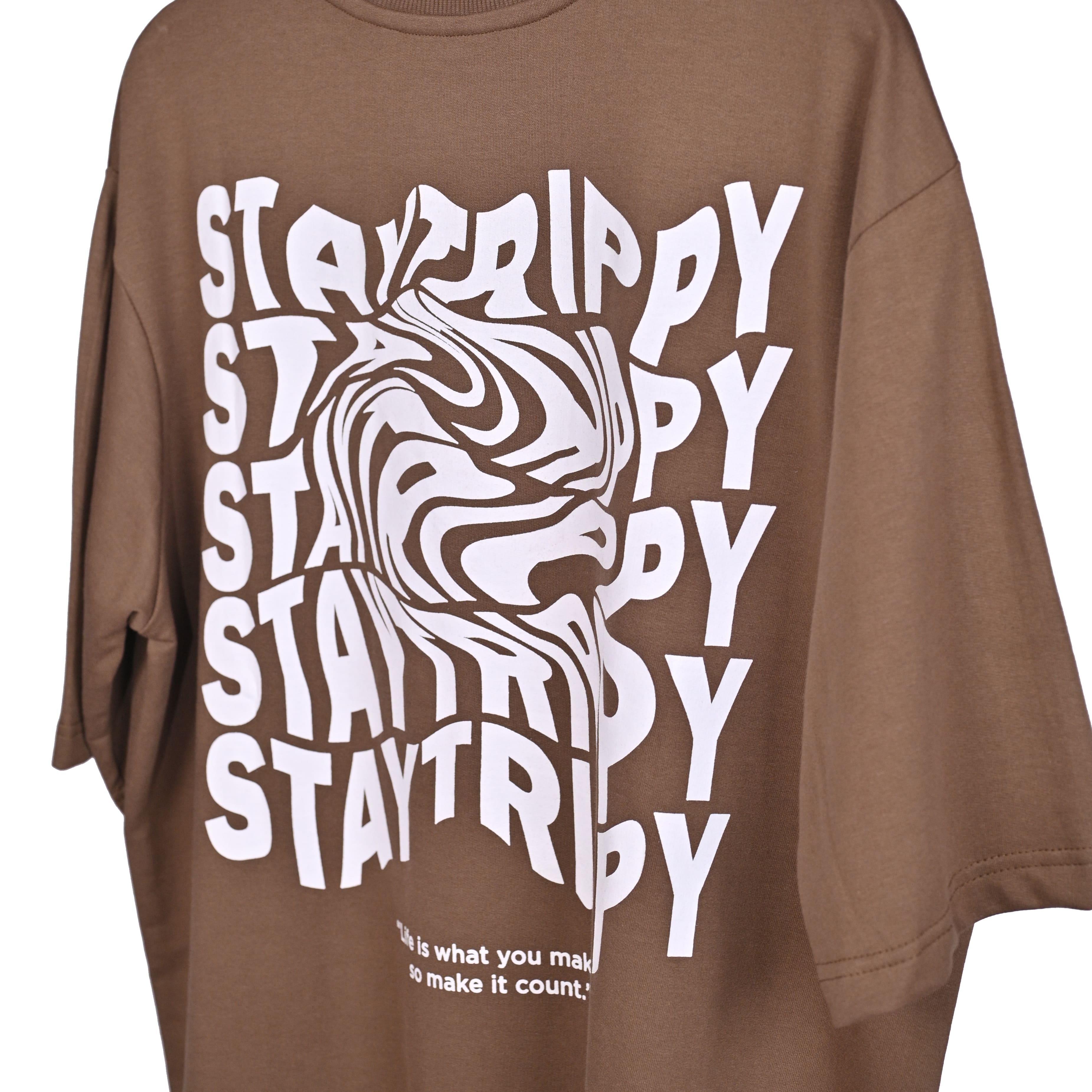 Star Trippy T-Shirt: Brown, Oversized, Close Back Side, Bio-Washed Cotton Printed by Techno Be With You