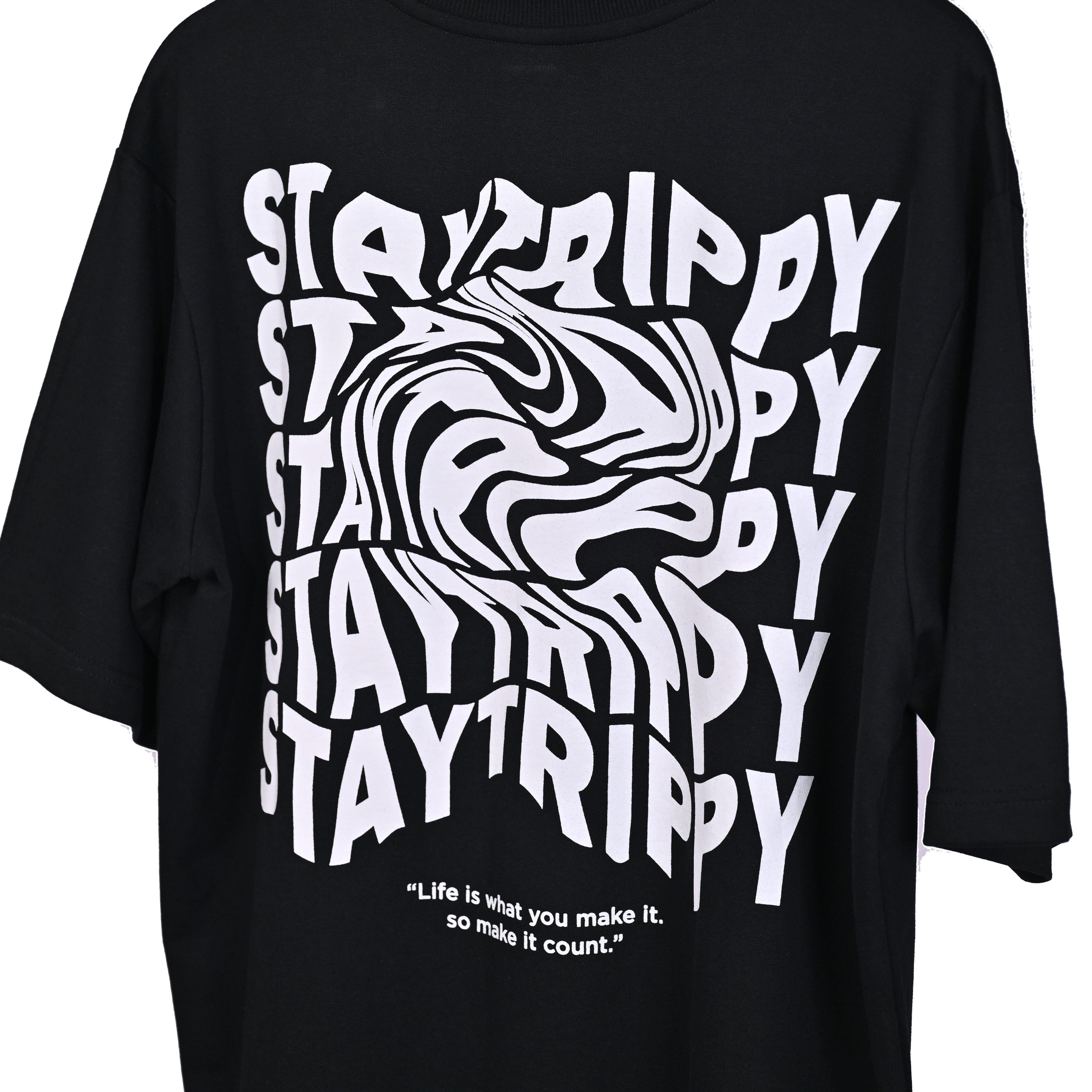 Star Trippy T-Shirt: Black, Oversized, Close Back Side, Bio-Washed Cotton Printed by Techno Be With You