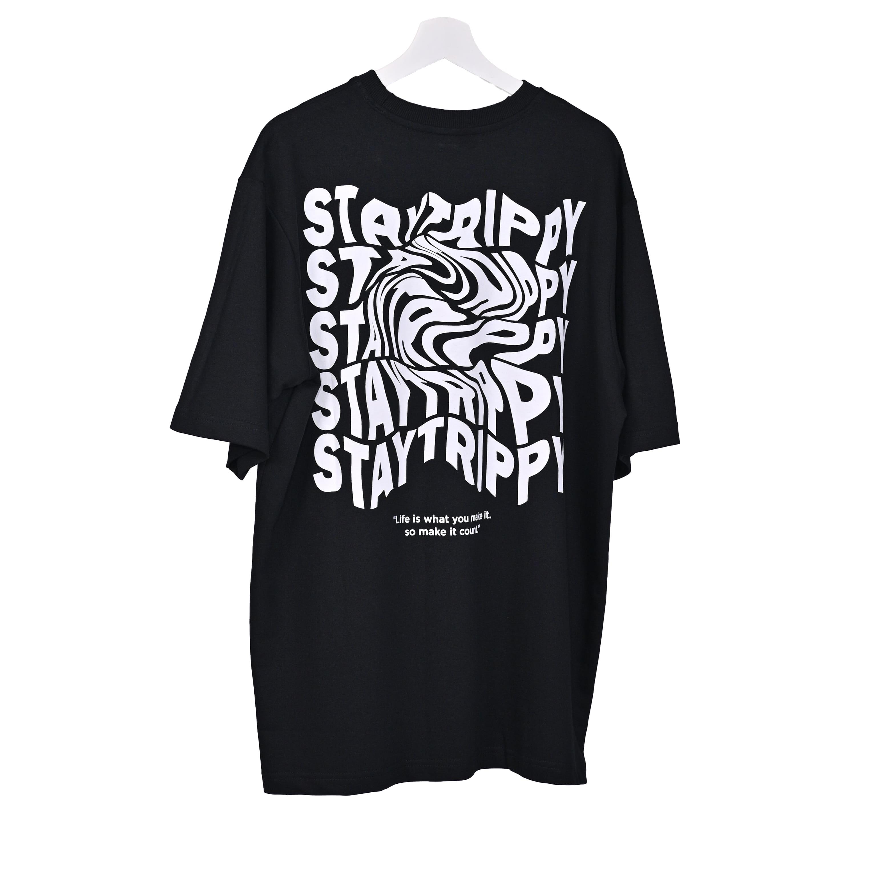 Star Trippy T-Shirt: Black, Oversized, Back Side, Bio-Washed Cotton Printed by Techno Be With You