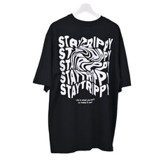 Star Trippy T-Shirt: Black, Oversized, Back Side, Bio-Washed Cotton Printed by Techno Be With You