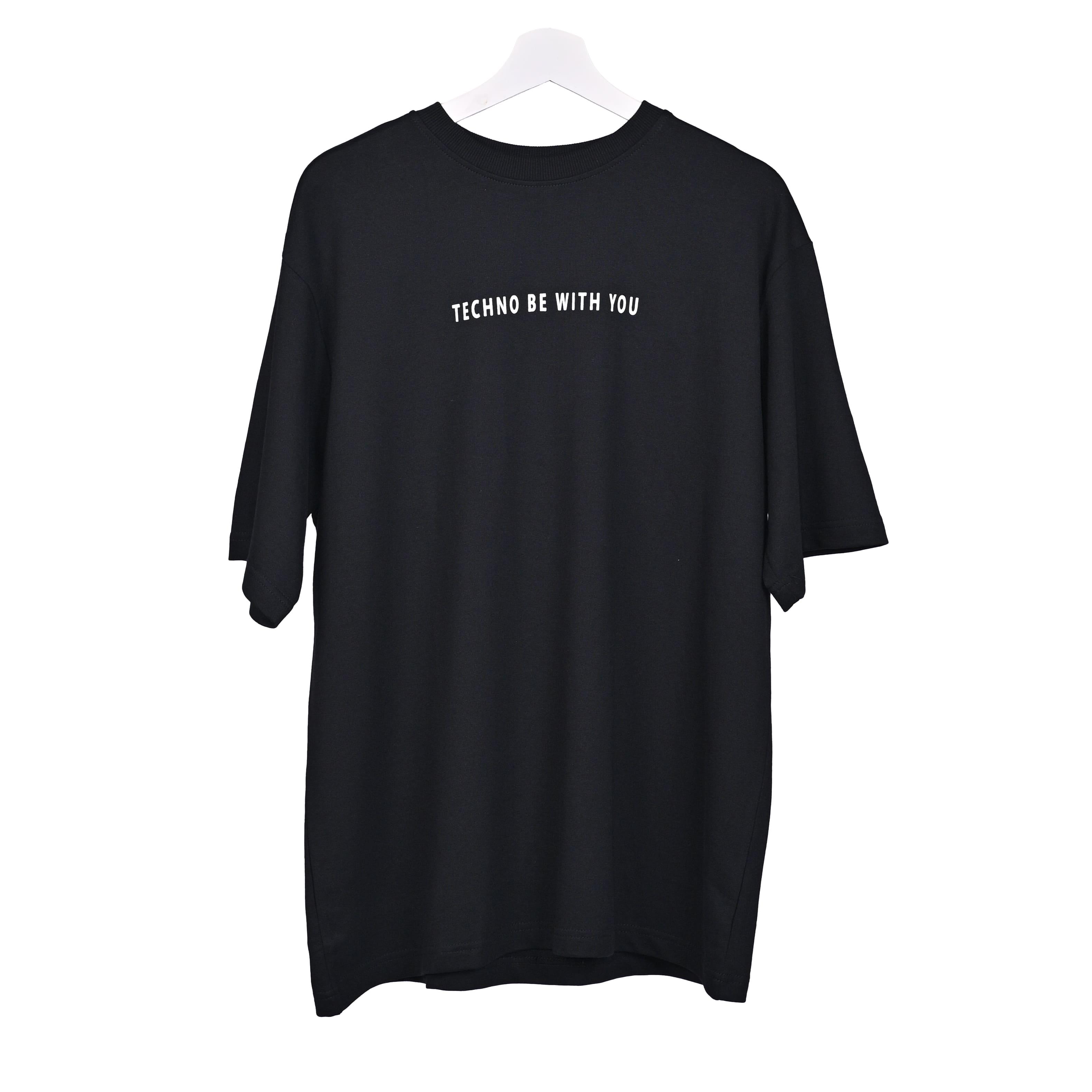 Star Trippy T-Shirt: Black, Oversized, Front Pose, Bio-Washed Cotton Printed by Techno Be With You