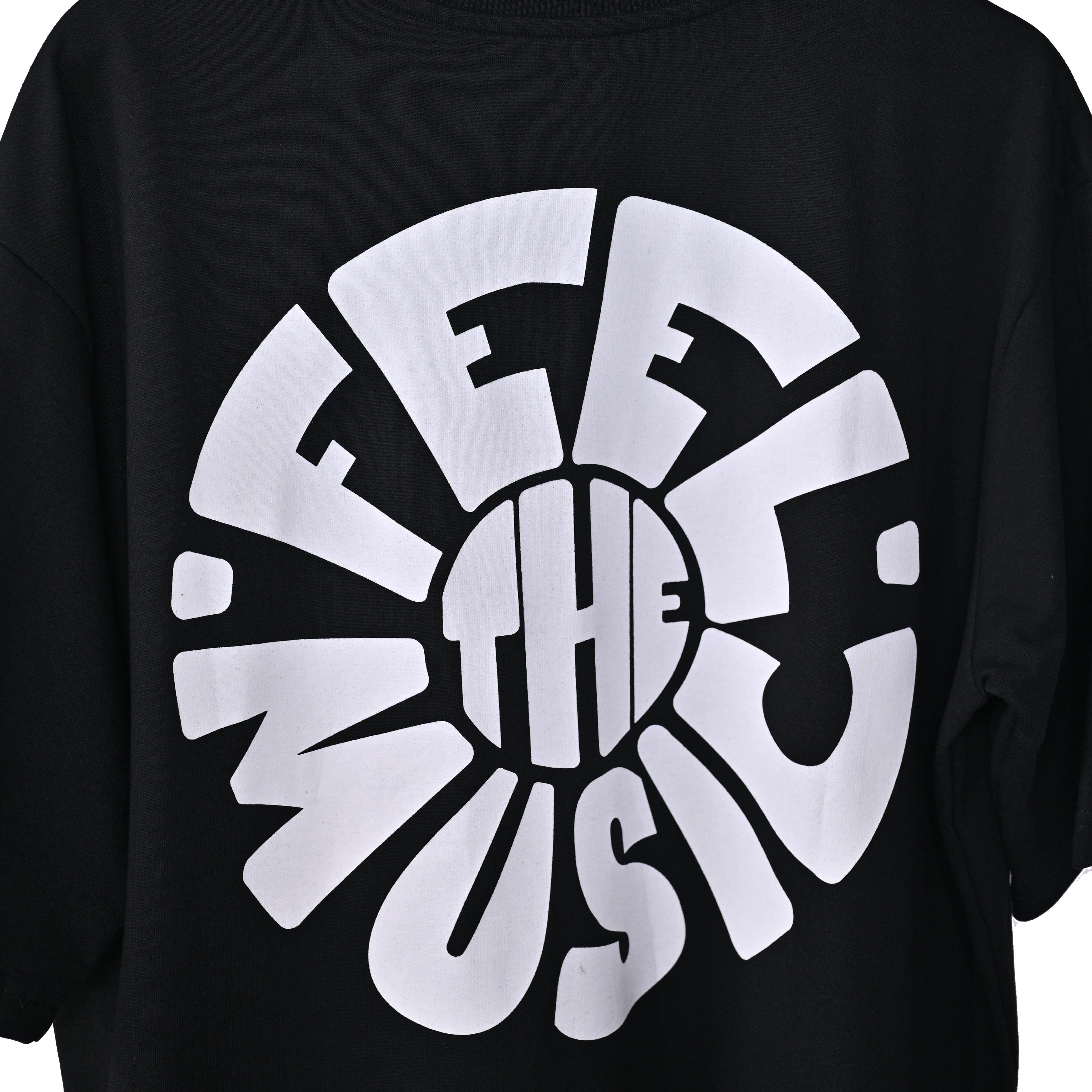 Feel the music T-Shirt: Black, Oversized, Close Front side Logo, Bio-Washed Cotton Printed by Techno Be With You