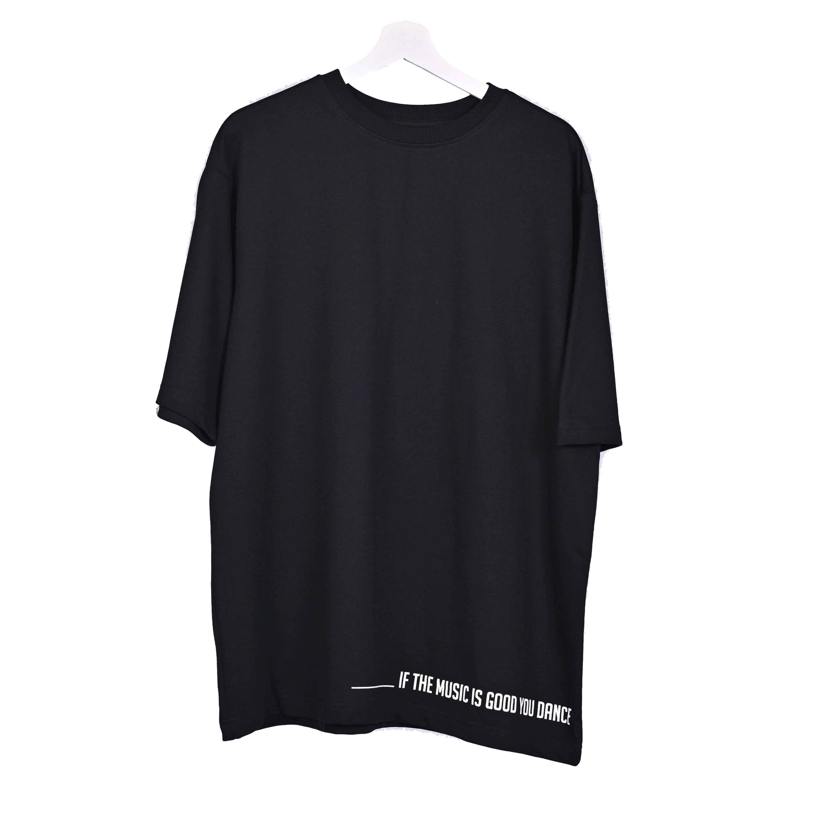 Feel the music T-Shirt: Black, Oversized, Front side, Bio-Washed Cotton Printed by Techno Be With You