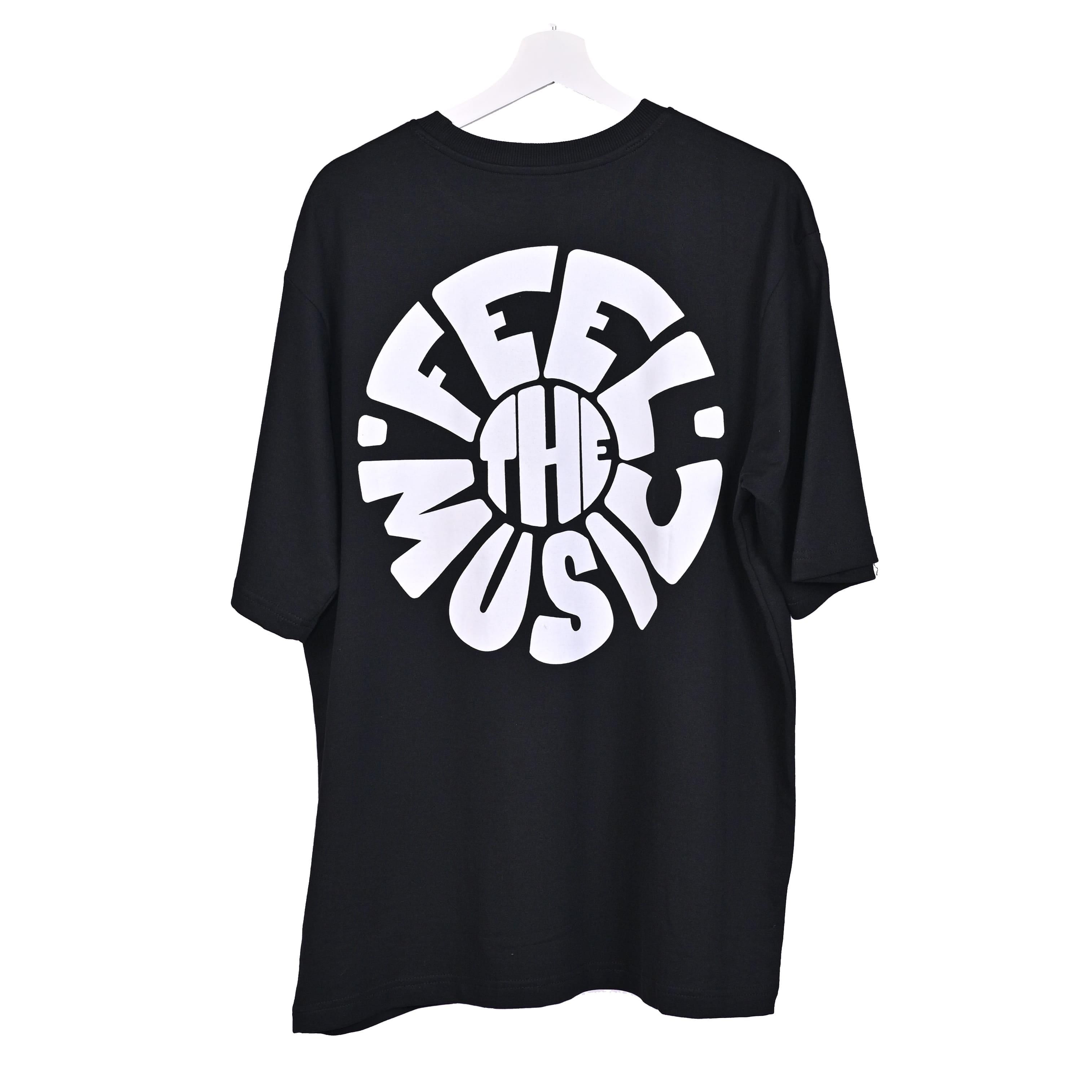Feel the music T-Shirt: Black, Oversized, Back Side, Bio-Washed Cotton Printed by Techno Be With You