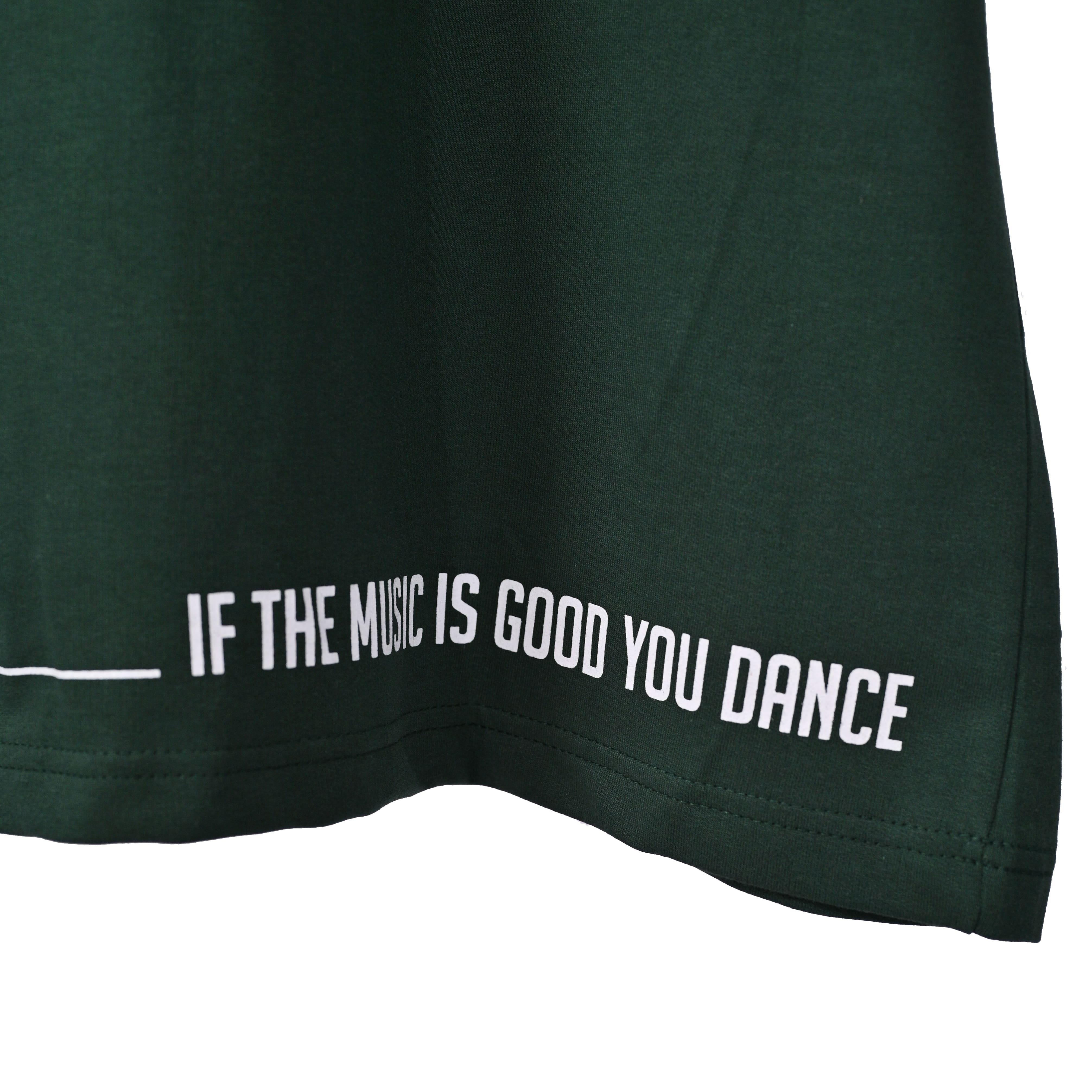 Feel the music T-Shirt: Olive, Oversized, Close Front side, Bio-Washed Cotton Printed by Techno Be With You