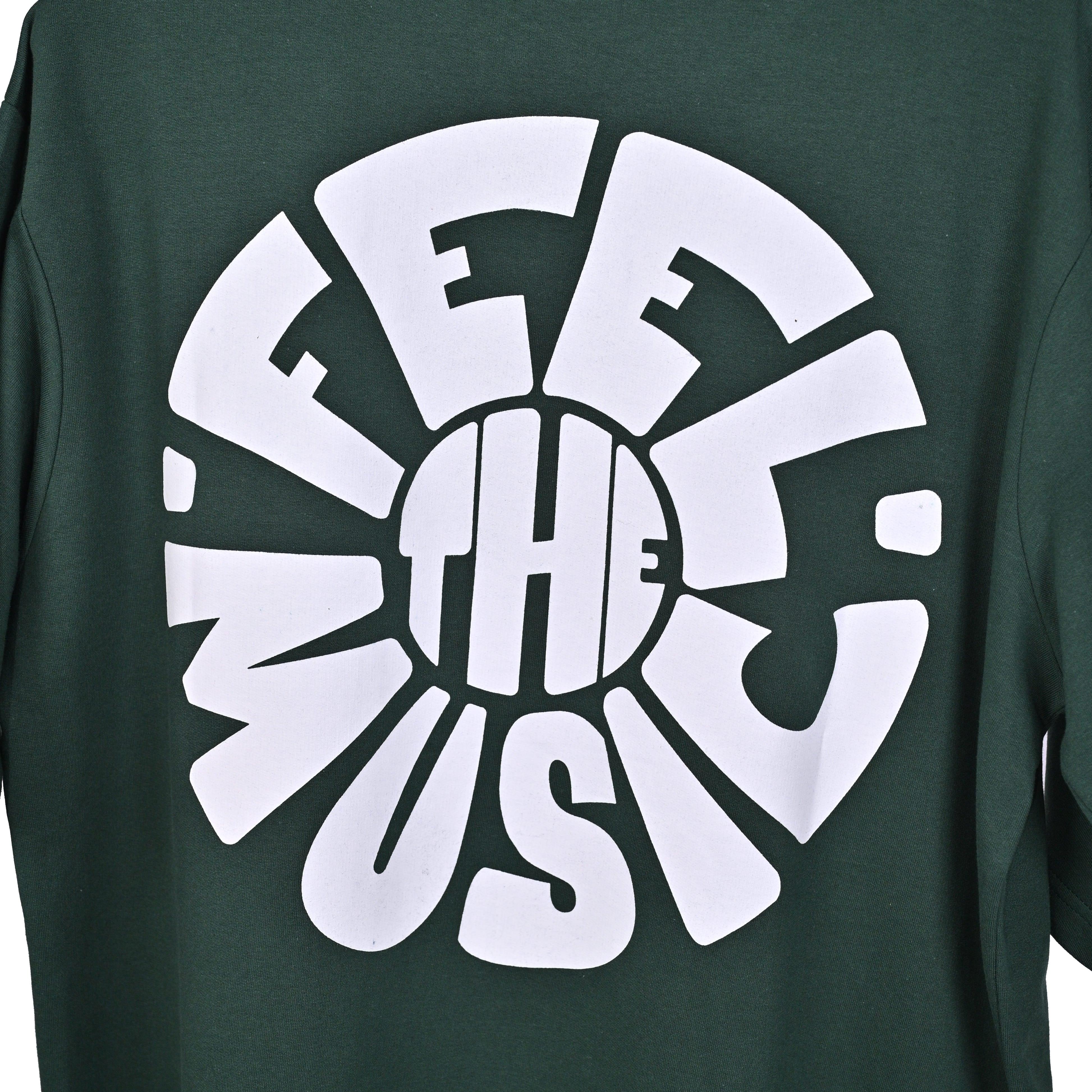 Feel the music T-Shirt: Olive, Oversized, Close Front side Logo, Bio-Washed Cotton Printed by Techno Be With You