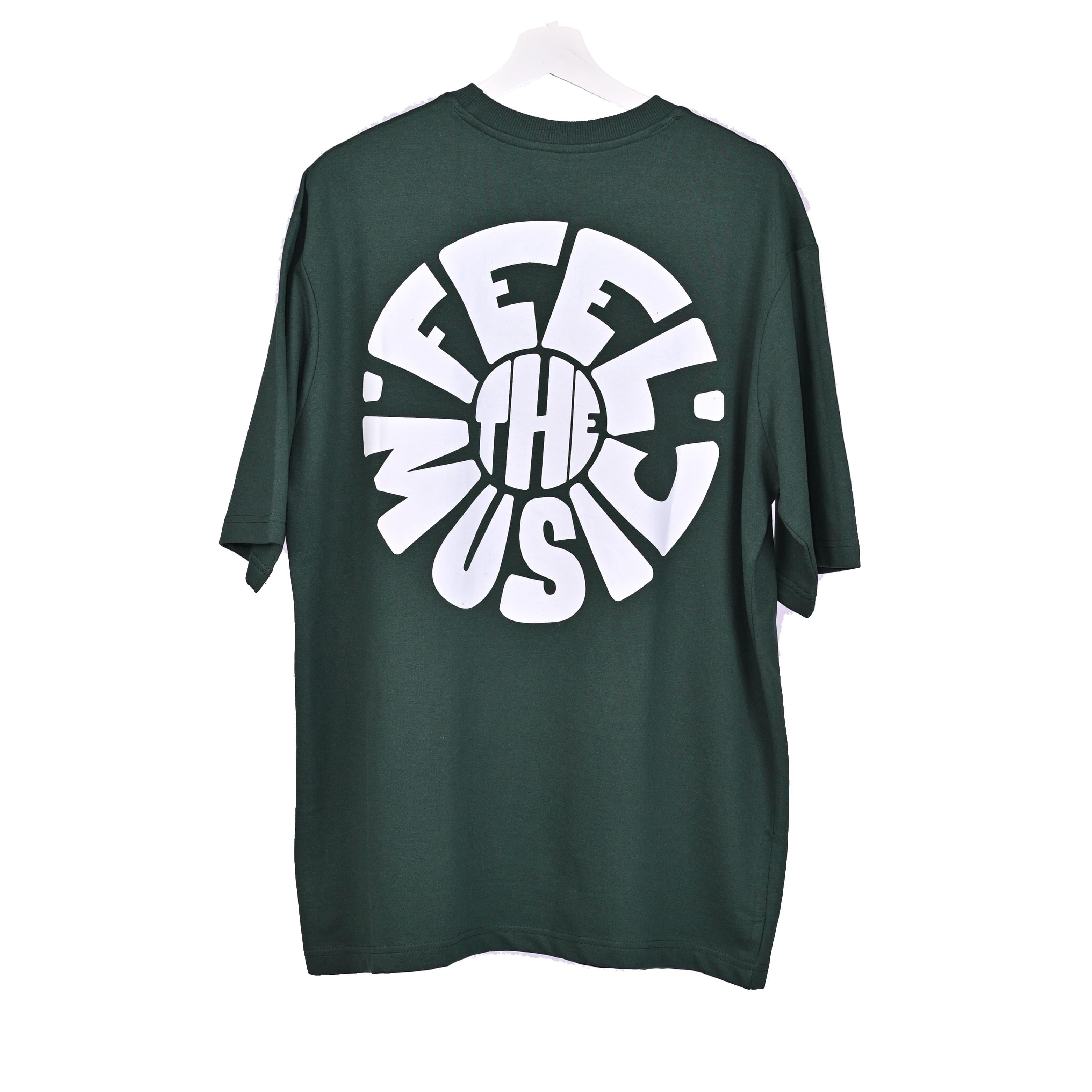 Feel the music T-Shirt: Olive, Oversized, Back Side, Bio-Washed Cotton Printed by Techno Be With You