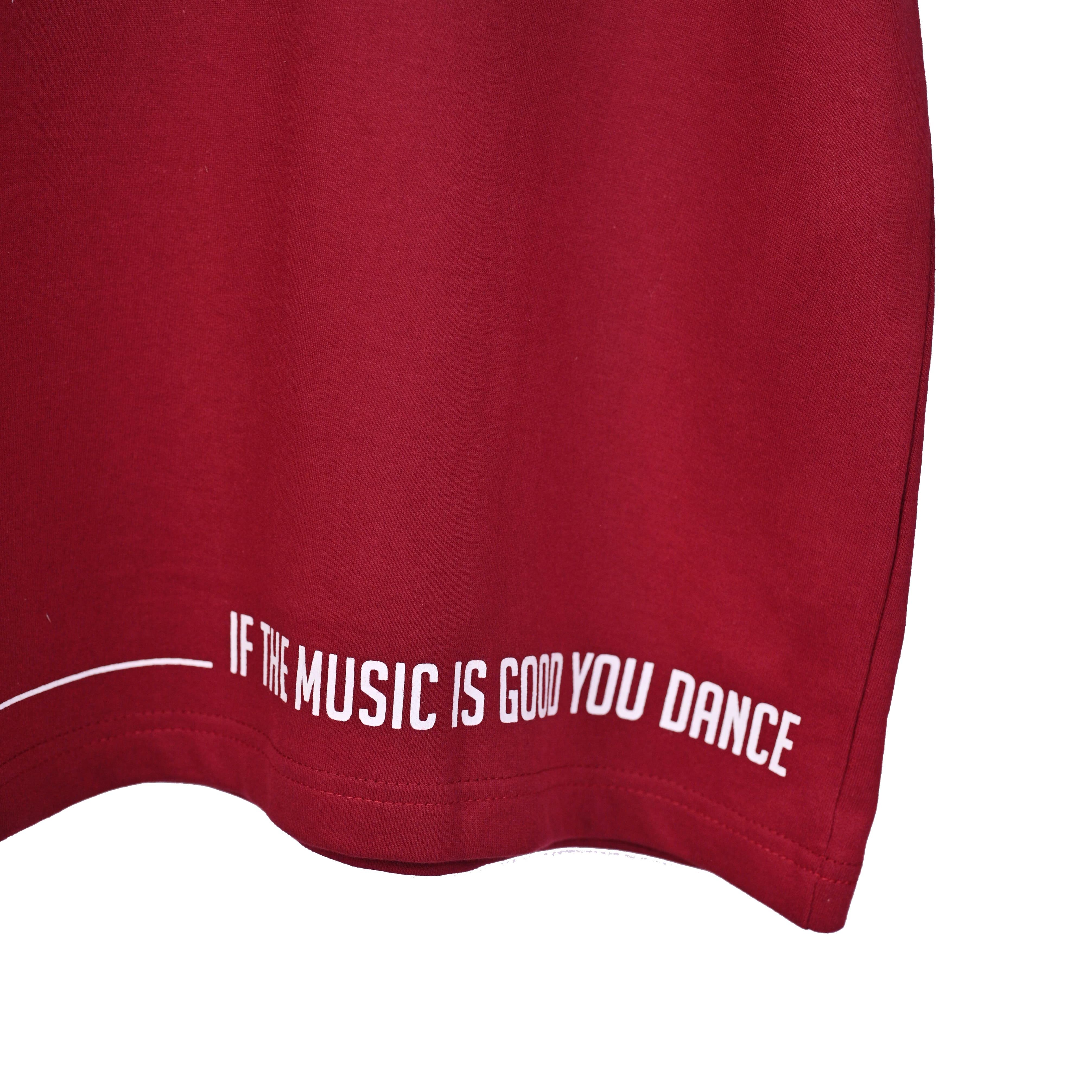 Feel the music T-Shirt: Dark Red, Oversized, Close Front side, Bio-Washed Cotton Printed by Techno Be With You