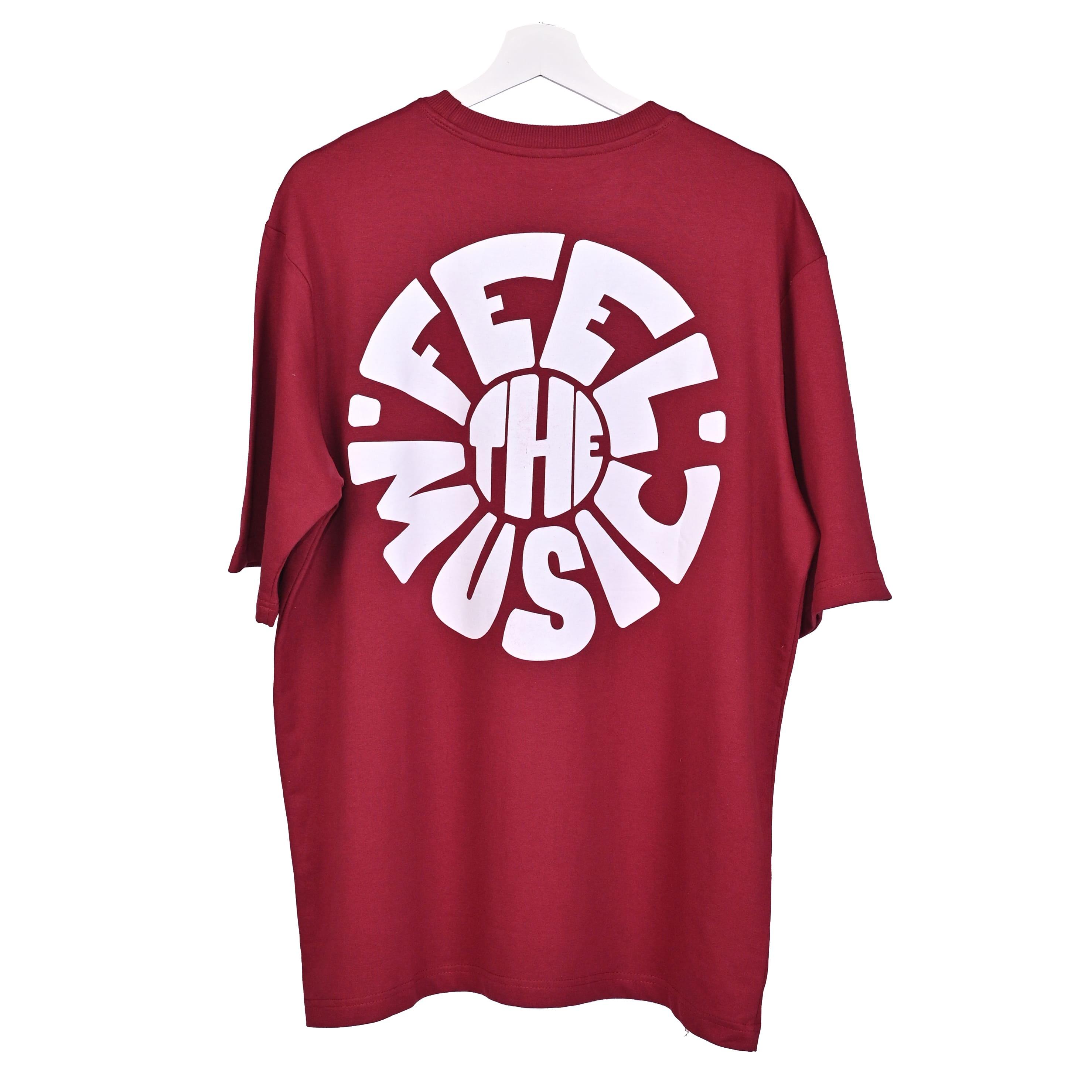 Feel the music T-Shirt: Dark Red, Oversized, Back Side, Bio-Washed Cotton Printed by Techno Be With You