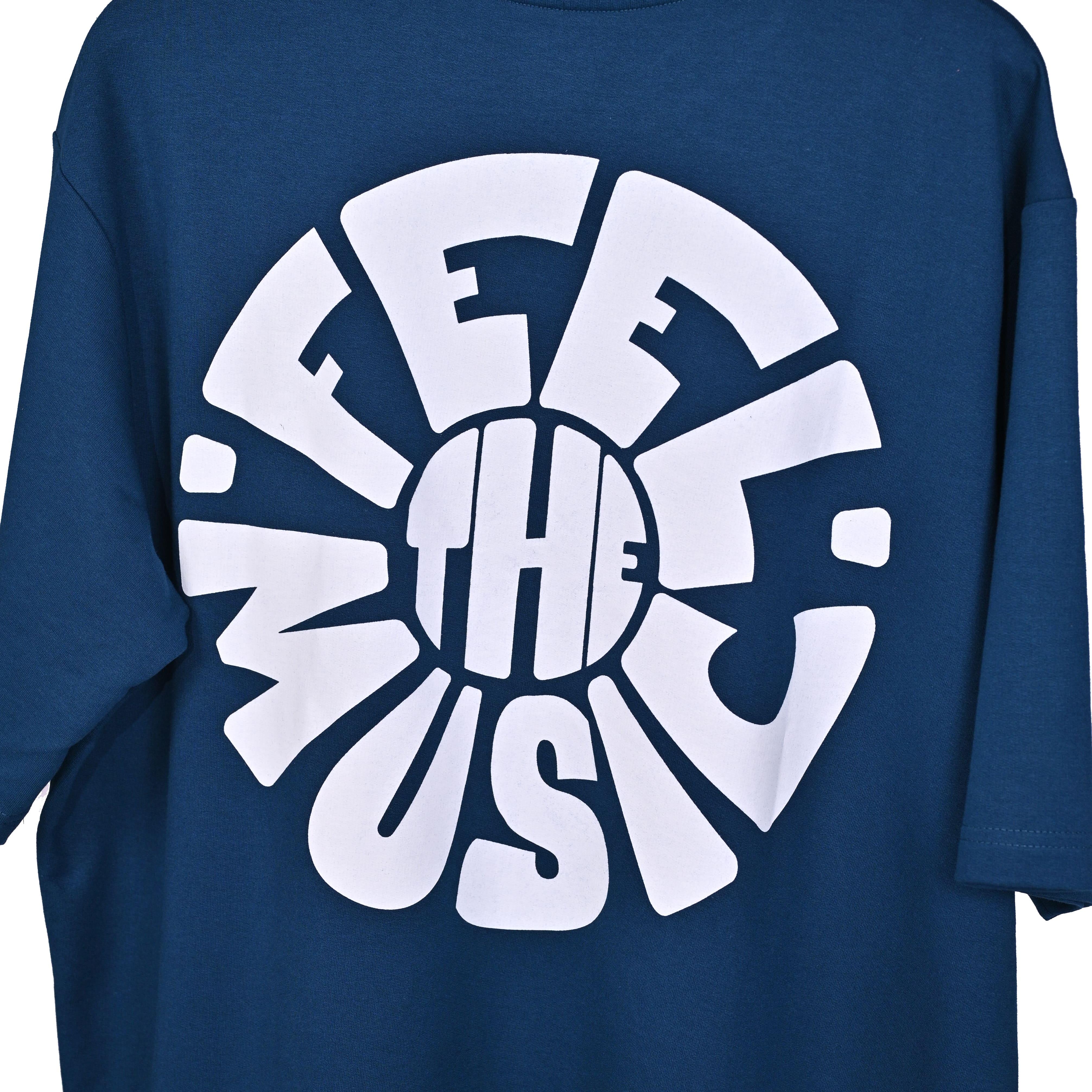 Feel the music T-Shirt: Dark Blue, Oversized, Close Front side Logo, Bio-Washed Cotton Printed by Techno Be With You